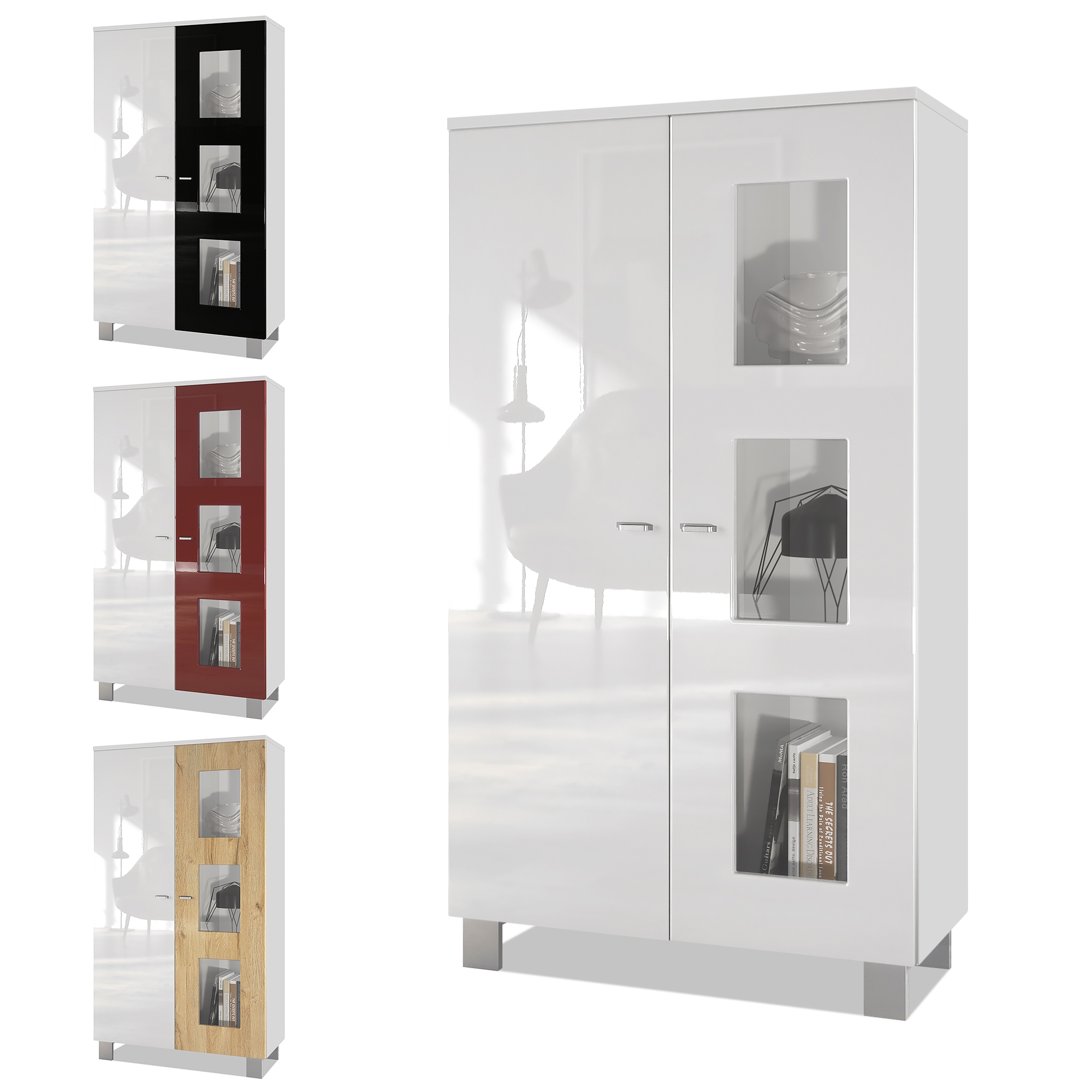 Vitrine Denjo  mit 2 Türen und 3 Glaseinsätzen Weiß matt/ Weiß Hochglanz (71 x 129 x 35 cm)