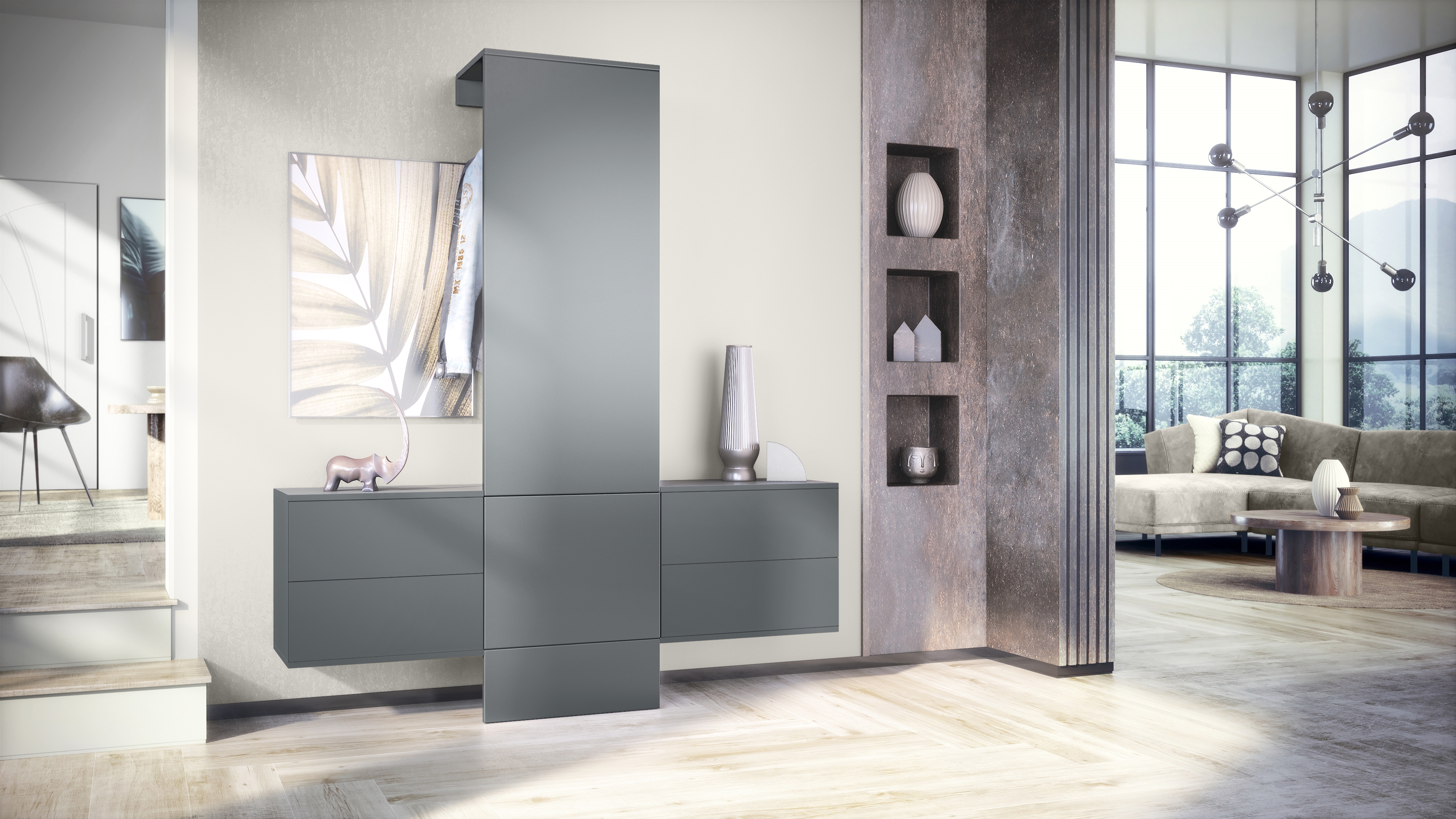 Garderobe Carlton Set 3 Anthrazit 4-tlg. 1 Paneel und 2 Schubkastenschränke Anthrazit matt/Graphit Seidenmatt (157 x 193 x 35 cm)