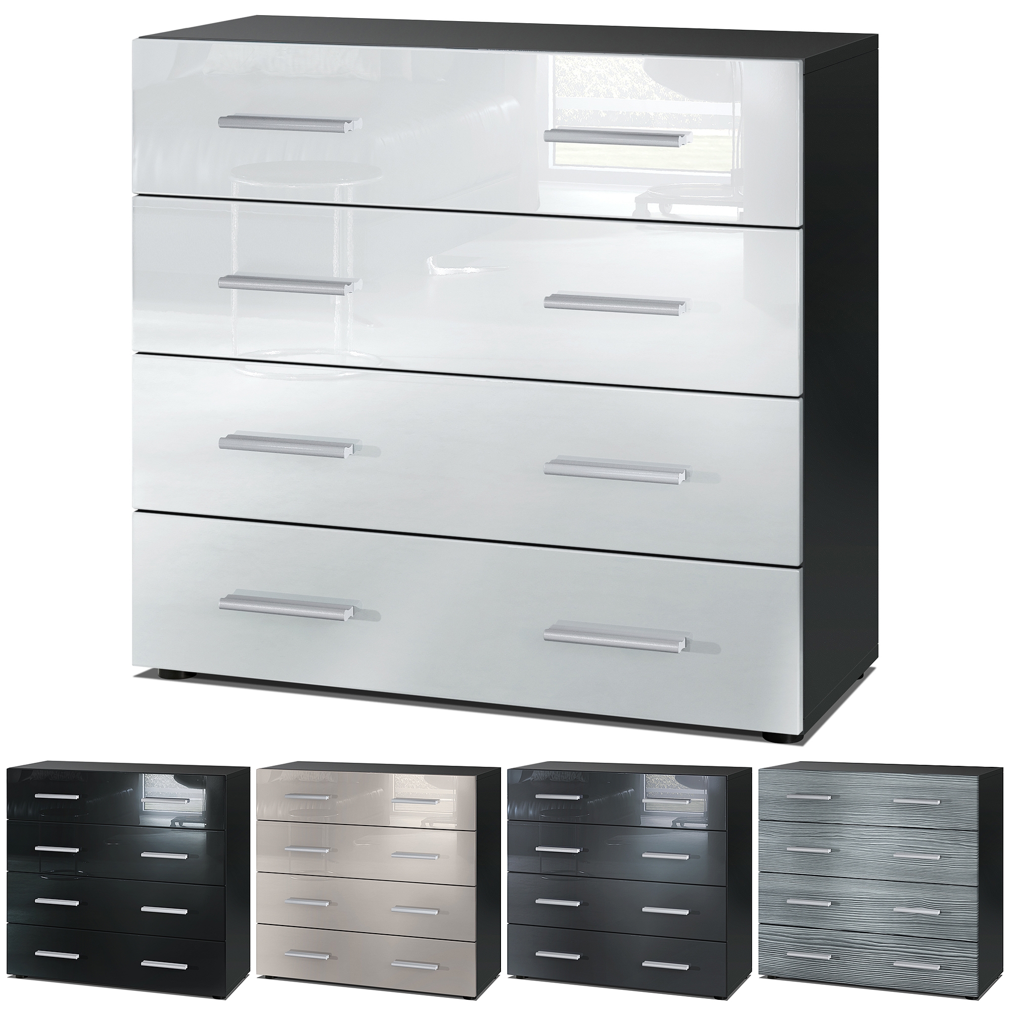 Kommode Pavos V1 ​mit 4 Schubladen Schwarz matt/Weiß Hochglanz (76 x 72 x 35 cm)