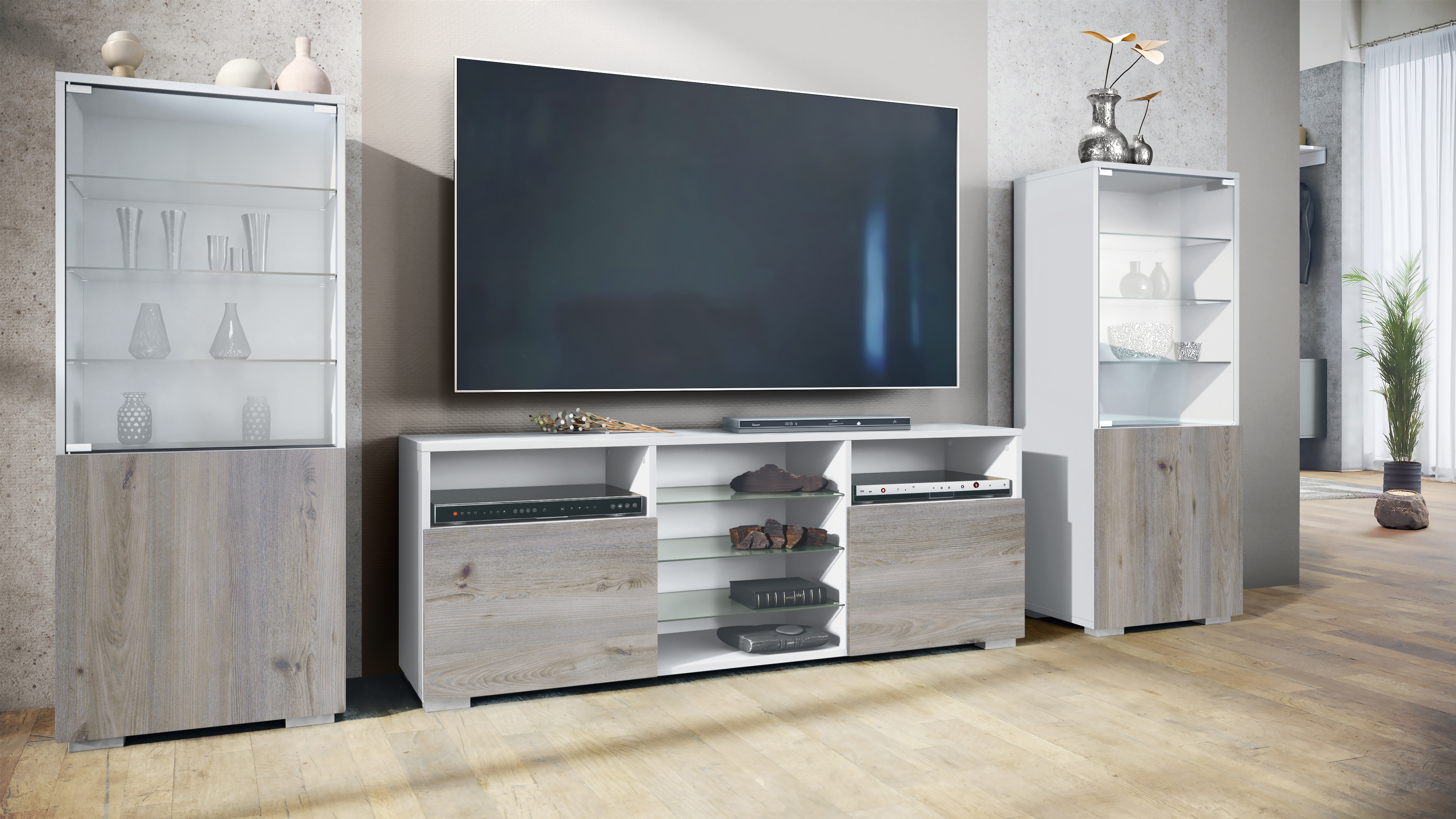 Wohnwand 3-tlg. Granada Weiß bestehend aus 2 Vitrinen und 1 TV-Board Weiß matt/Eiche Nordic (286 x 122,5 x 35 cm)