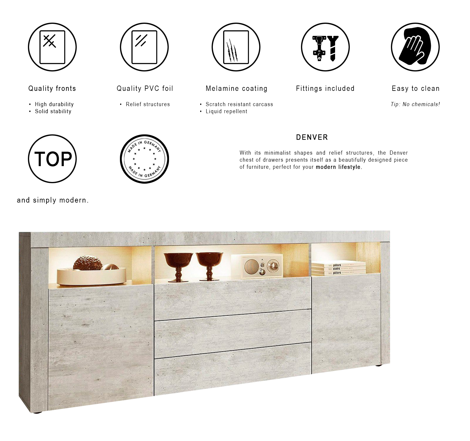 Denver Sideboard mit 2 Türen und 3 Schubladen Beton Oxid Optik (166 x 72 x 35 cm)