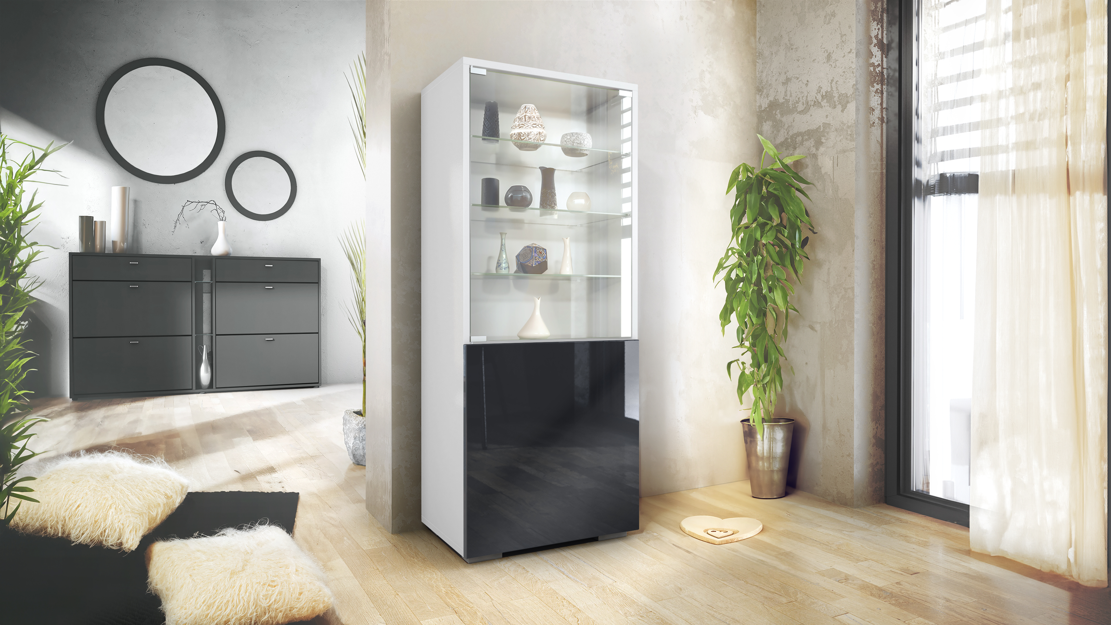 Granada Vitrine Weiß mit Glastür und Glaseinsatz Weiß matt/Schwarz Hochglanz (50 x 122,5 x 34,5 cm)