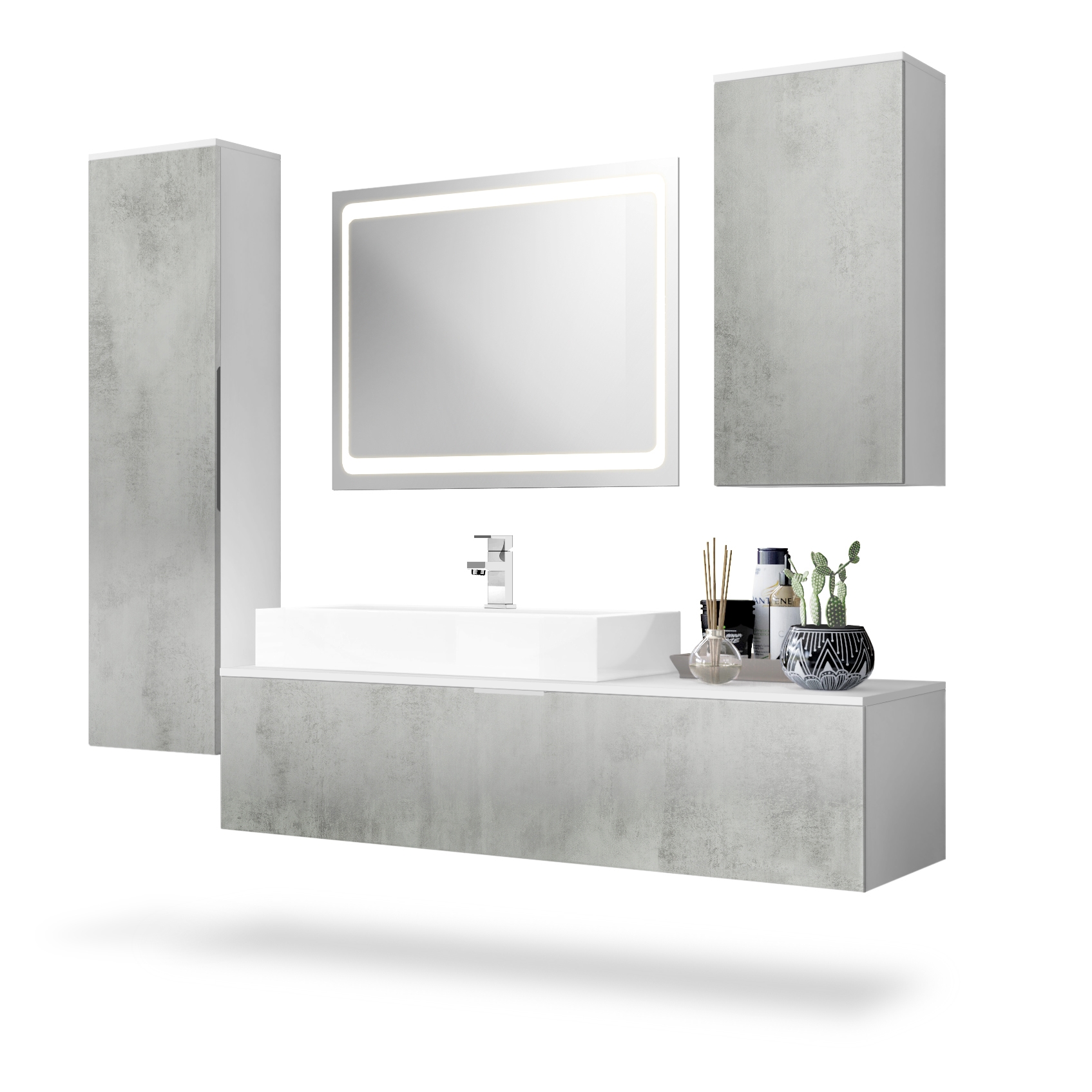 Badmöbel Beach LED-Spiegel, Waschbecken und Armatur Korpus Weiß matt/Fronten Beton Oxid Optik (‎189 x 193 x 51 cm)