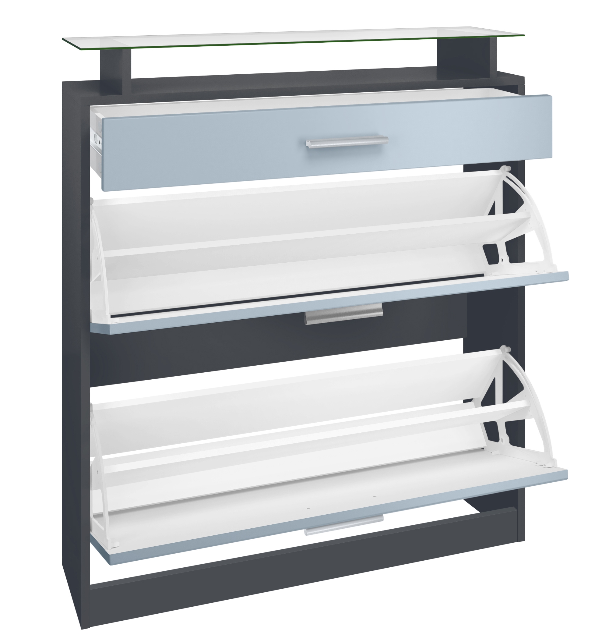 Schuhschrank Loret mit 2 Klappen und 1 Schublade und Glasablage  Anthrazit matt/Grau Hochglanz (89 x 104 x 23 cm)
