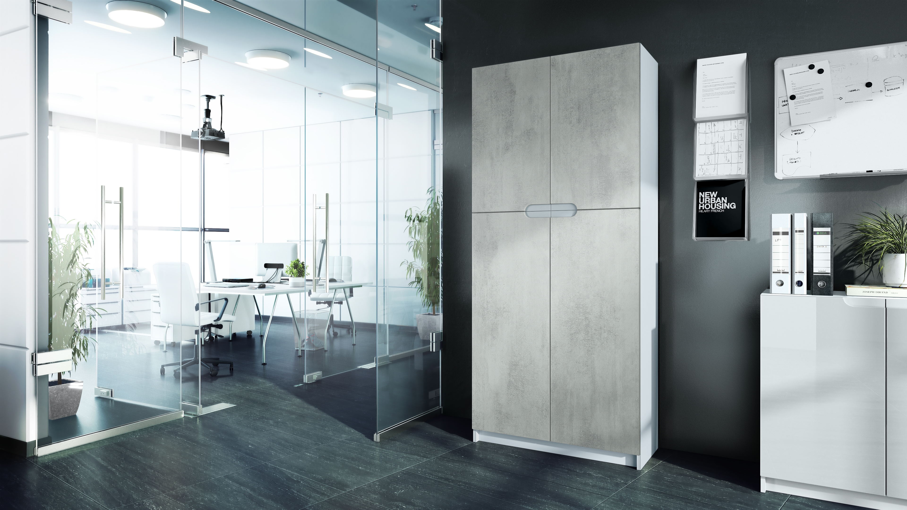 Büroschrank Logan V1 mit 5 Fächern und 4 Türen Weiß matt/Beton Oxid Optik (82 x 185 x 37 cm)
