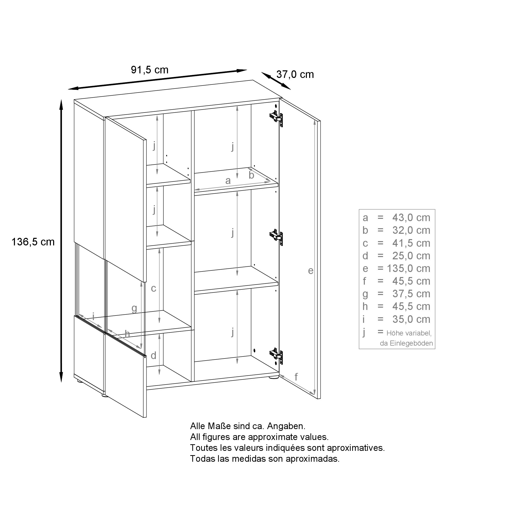 Vitrine Morena  mit 2 Türen dahinter ingesamt 7 Fächer Schwarz matt/Schwarz Hochglanz inkl. LED-Beleuchtung (92x135x37 cm)