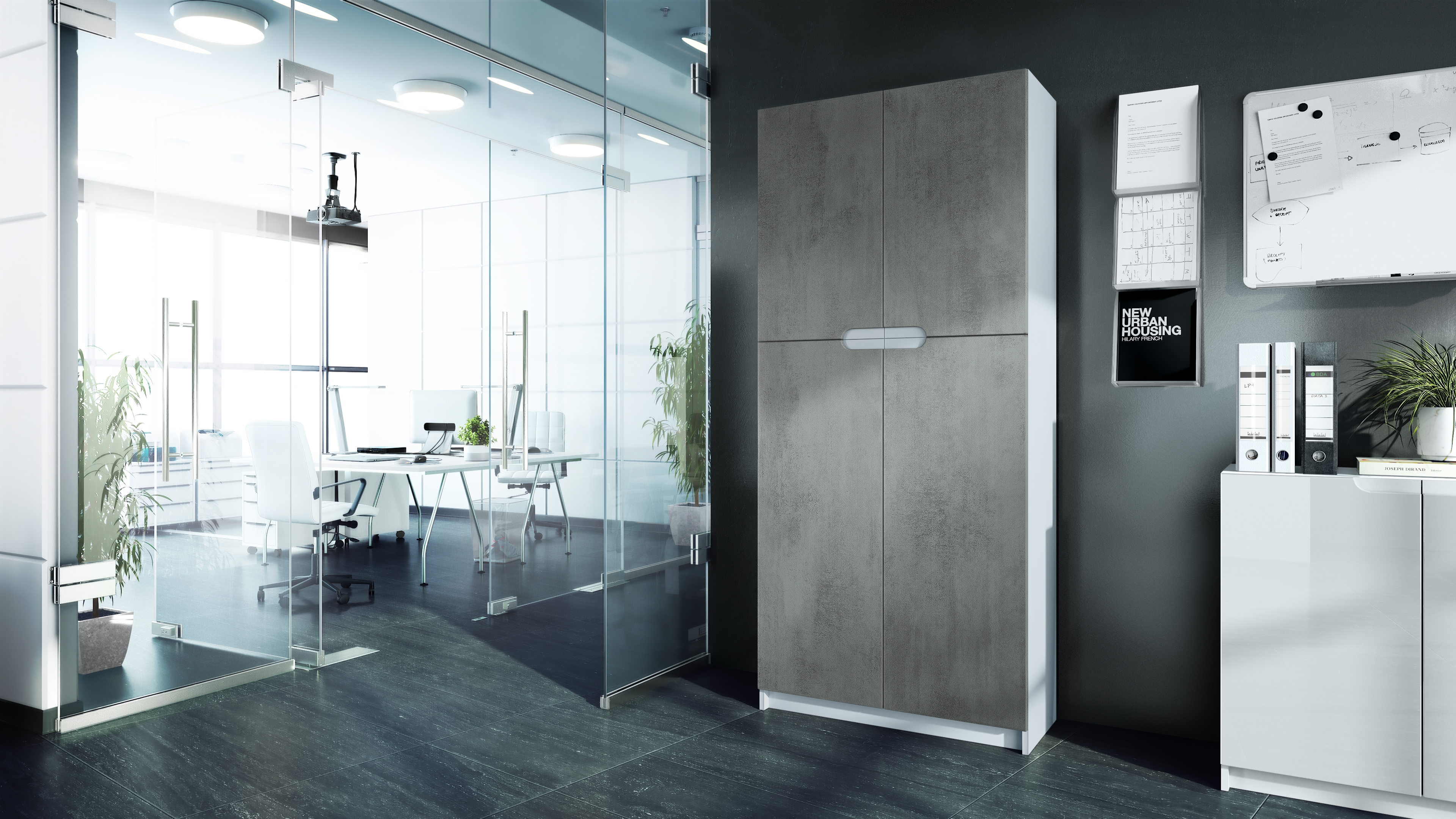 Büroschrank Logan V1 mit 5 Fächern und 4 Türen Weiß matt/Beton dunkel Optik (82 x 185 x 37 cm)
