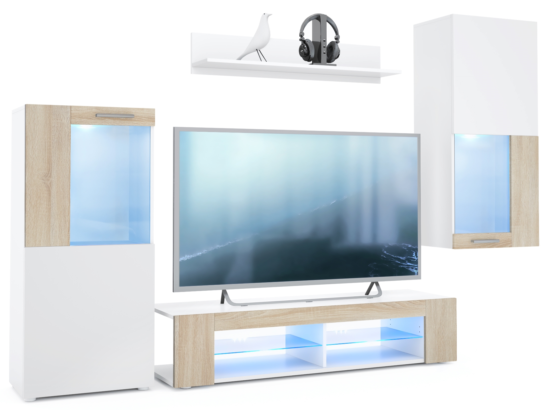 Wohnwand Movie 4-tlg. Weiß mit blauer LED  bestehend aus 1 TV-Board, 2 Vitrinen und 1 Regal Weiß matt/Weiß matt/Eiche Sägerau mit Beleuchtung (300 x 190 x 39 cm)