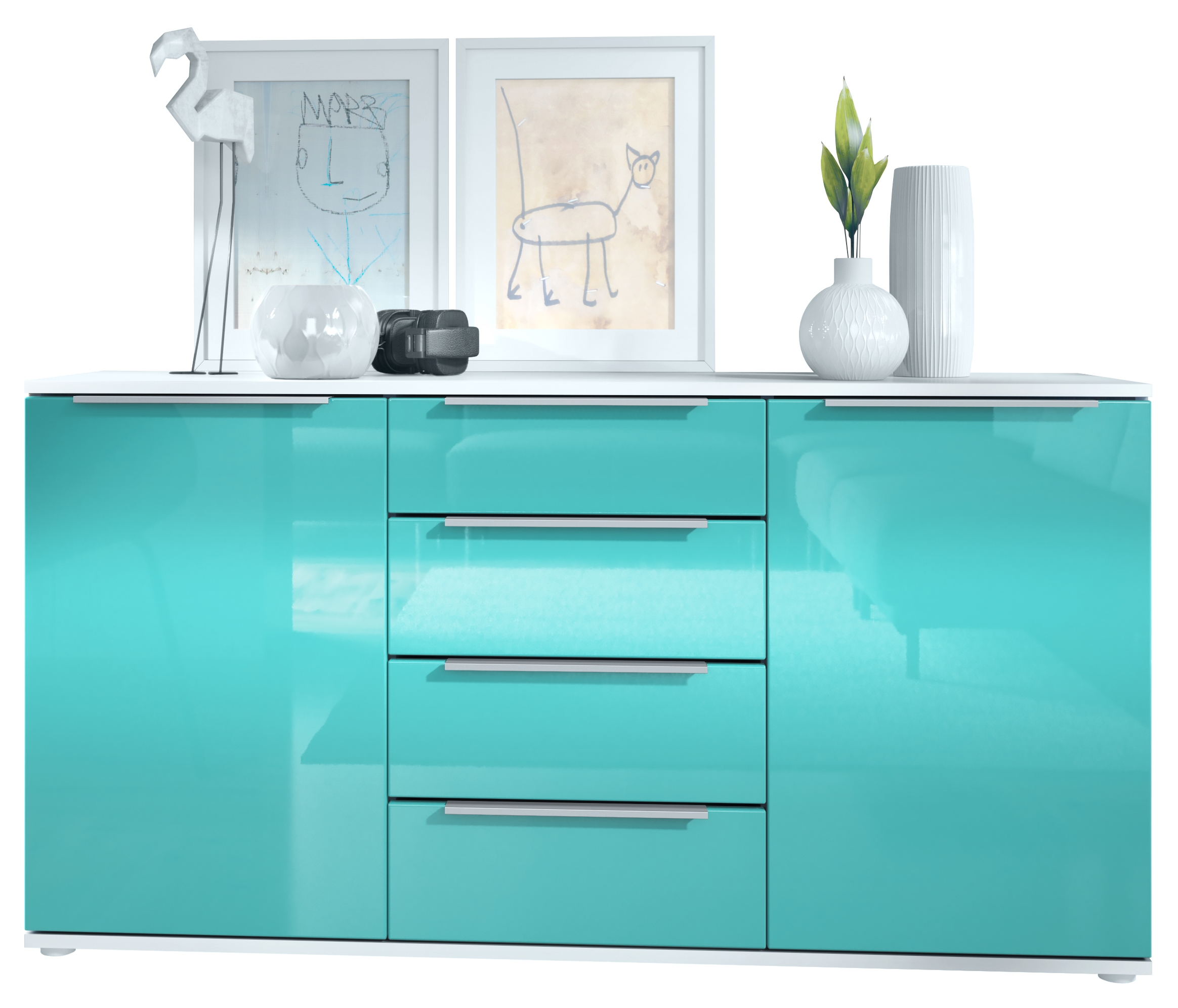 Linio V1 Sideboard  mit 2 Türen und 4 Schubladen Weiß matt/Petrol Hochglanz (139 x 72,5 x 35 cm)