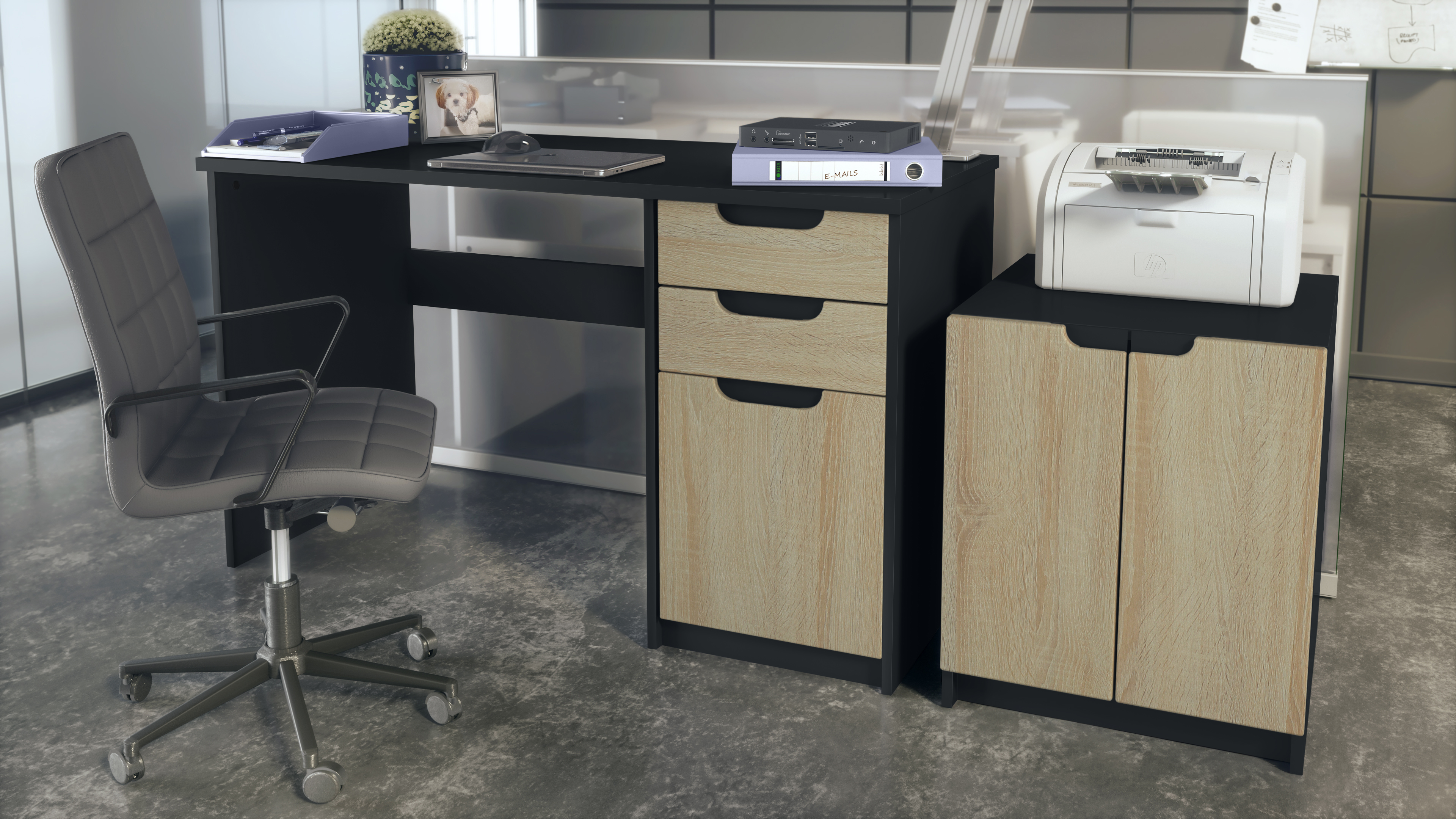 Büromöbel-Set Paris Schwarz mit 1 Schreibtisch und 1 Druckerkommode Schwarz matt / Eiche sägerau