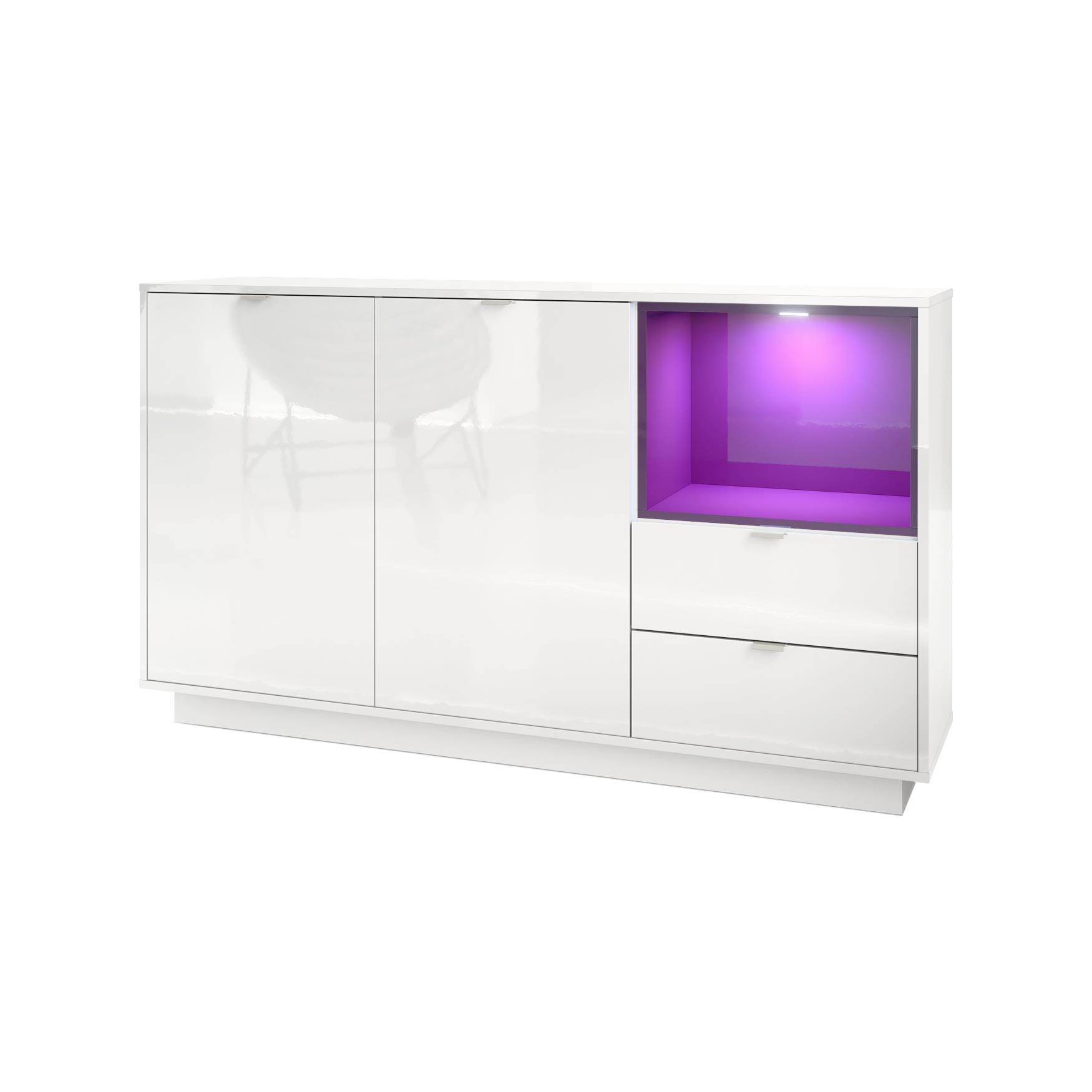 Sideboard  Metro  mit 2 Türen, 2 Schubladen und 1 offenem Fach Weiß Hochglanz/Brombeer Hochglanz inkl. LED Beleuchtung (153x88x38 cm)
