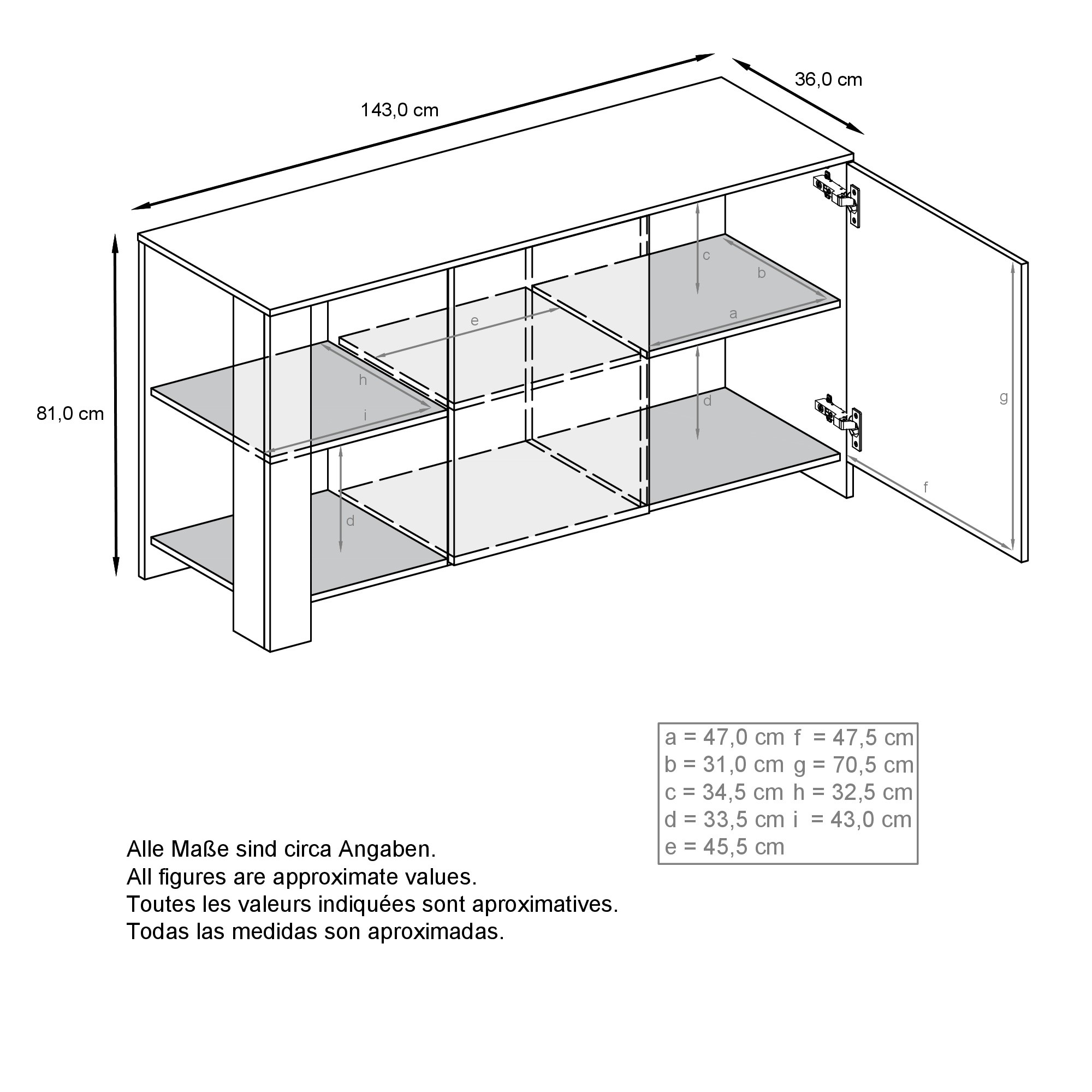 Sideboard Canto mit 2 Türen und 6 Fächern Weiß matt, Weiß Hochglanz, Brombeer Hochglanz