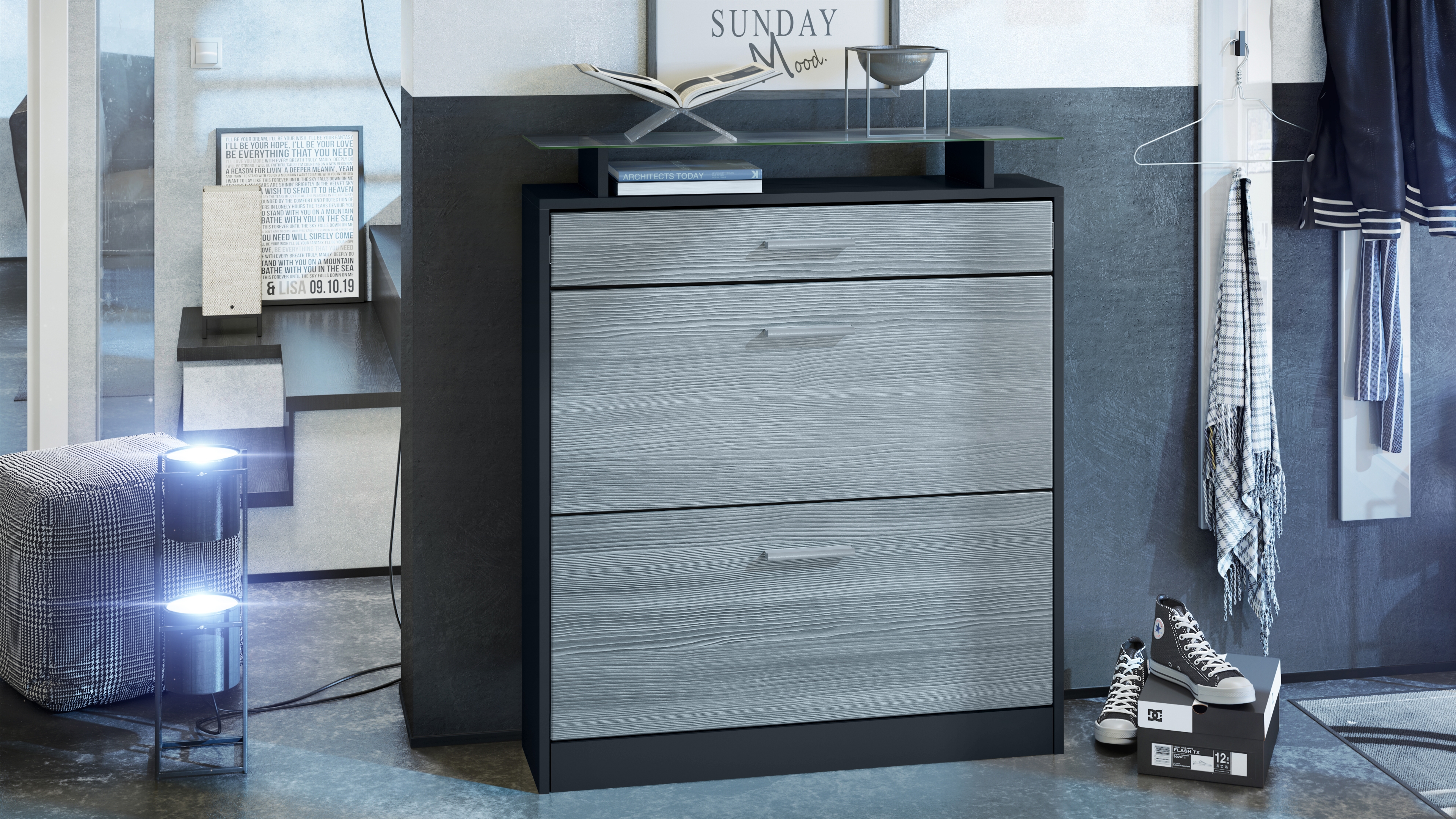 Schuhschrank Loret mit 2 Klappen und 1 Schublade und Glasablage Schwarz matt/Avola-Anthrazit (89 x 104 x 23 cm)