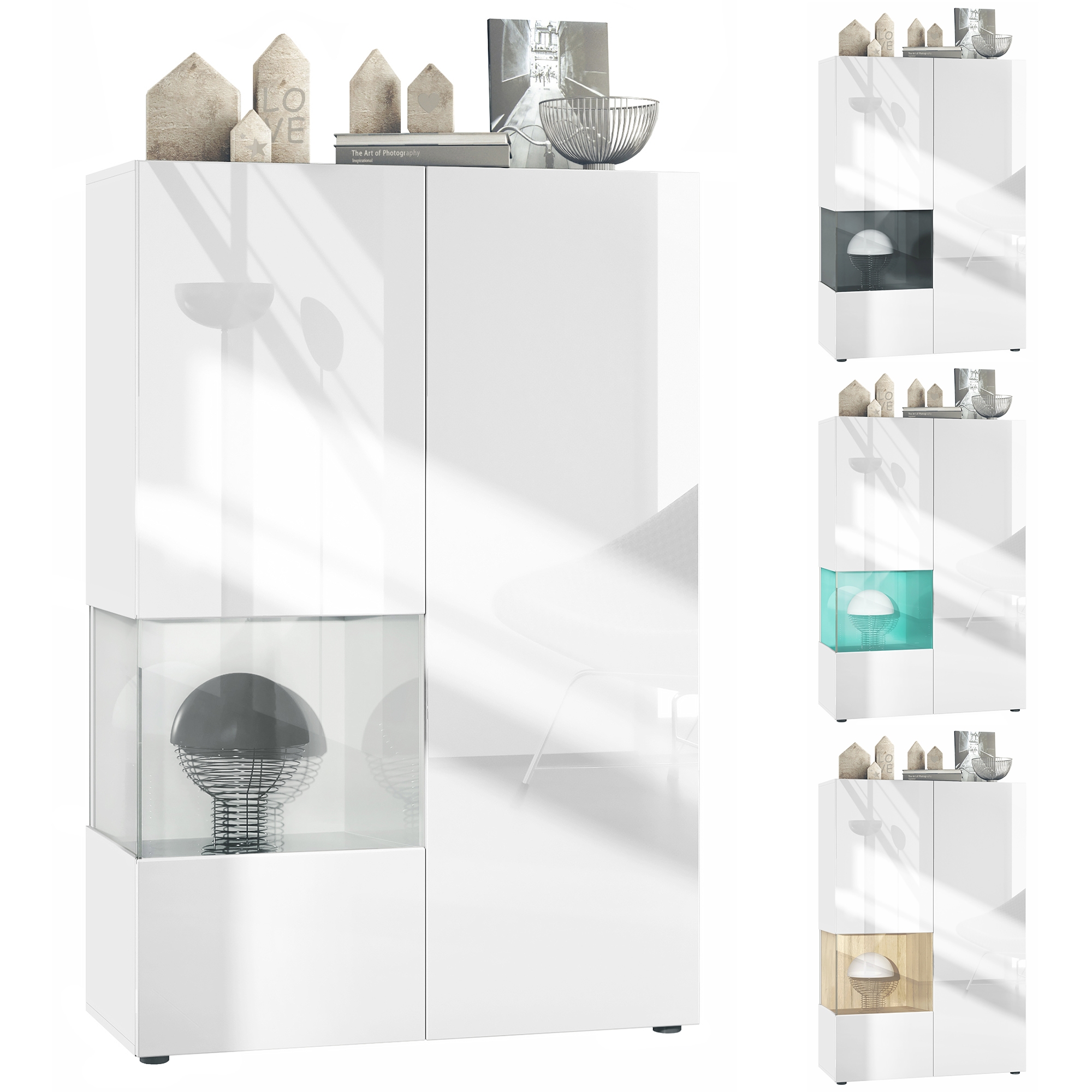 Vitrine Morena V2 mit 2 Türen und Glaseinsatz Weiß matt/Weiß Hochglanz/Eiche Natur (91,5 x 136,5 x 37 cm)