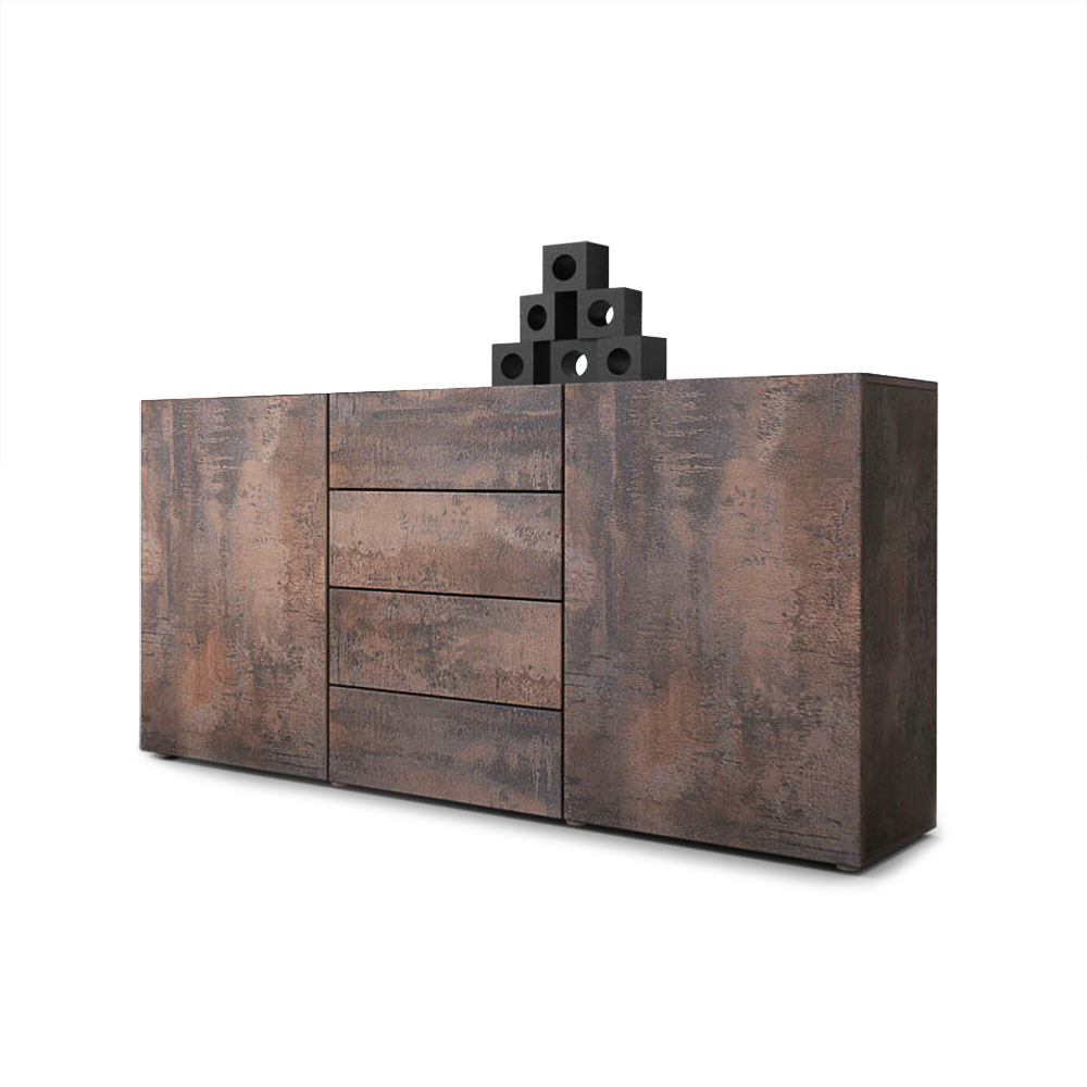 Sideboard Massa Stahl mit 2 großen Türen und 4 Schubladen  Stahlfarbe Antik (139 x 71 x 35 cm)