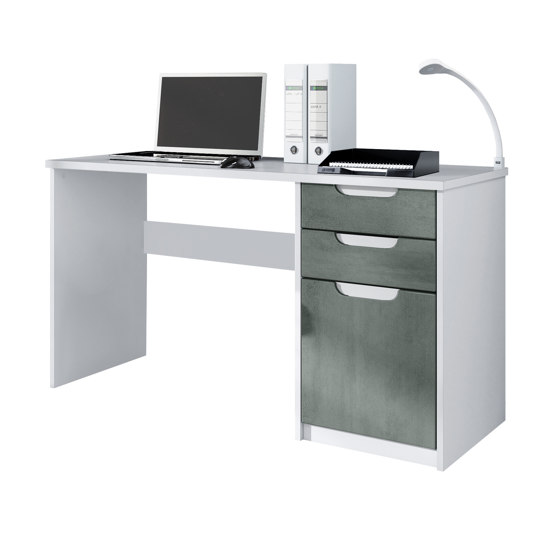 Schreibtisch Logan mit 2 Schubladen und 1 Tür Weiß matt/Beton dunkel Optik (129 x 76 x 60 cm)