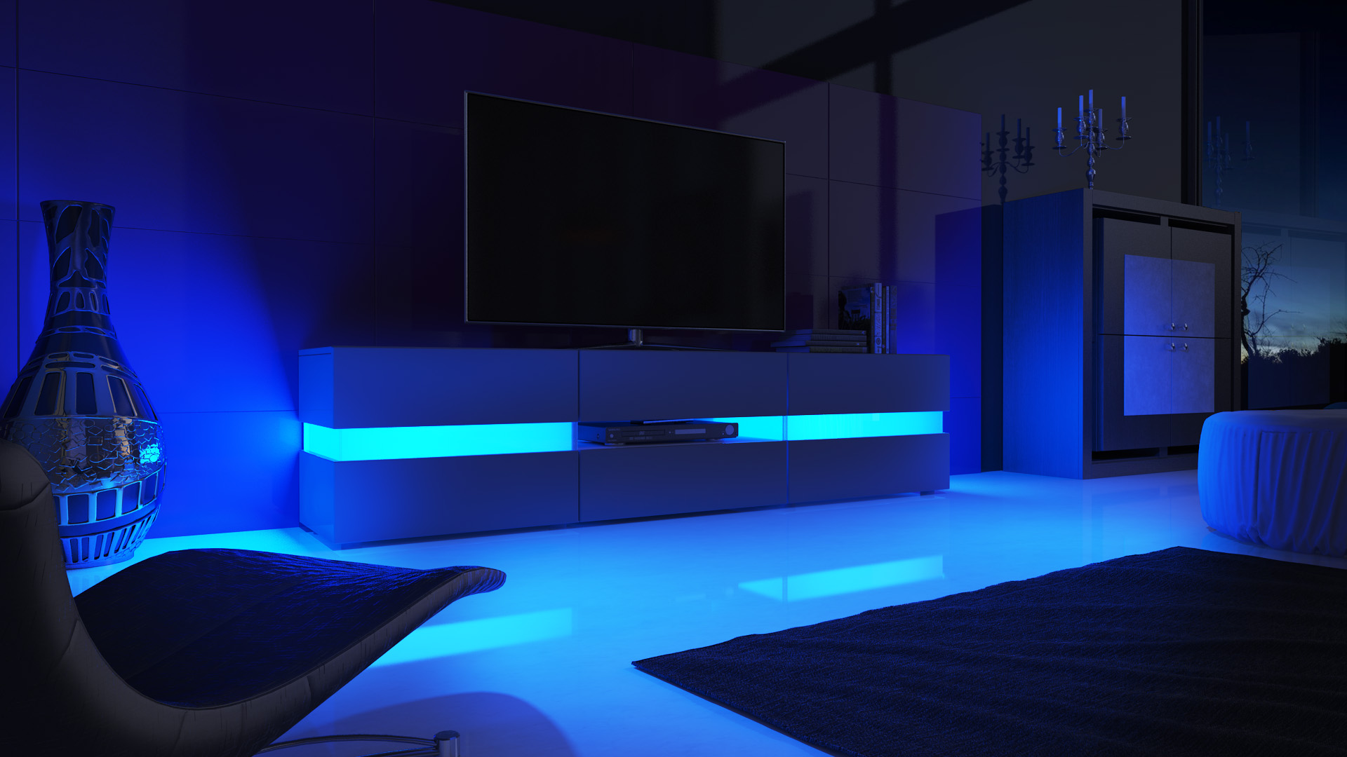 Lowboard Flow mit 2 Türen, 1 Schublade und 1 Klappe Schwarz matt/Schwarz Hochglanz, inkl. LED-Beleuchtung (177x45x39 cm)