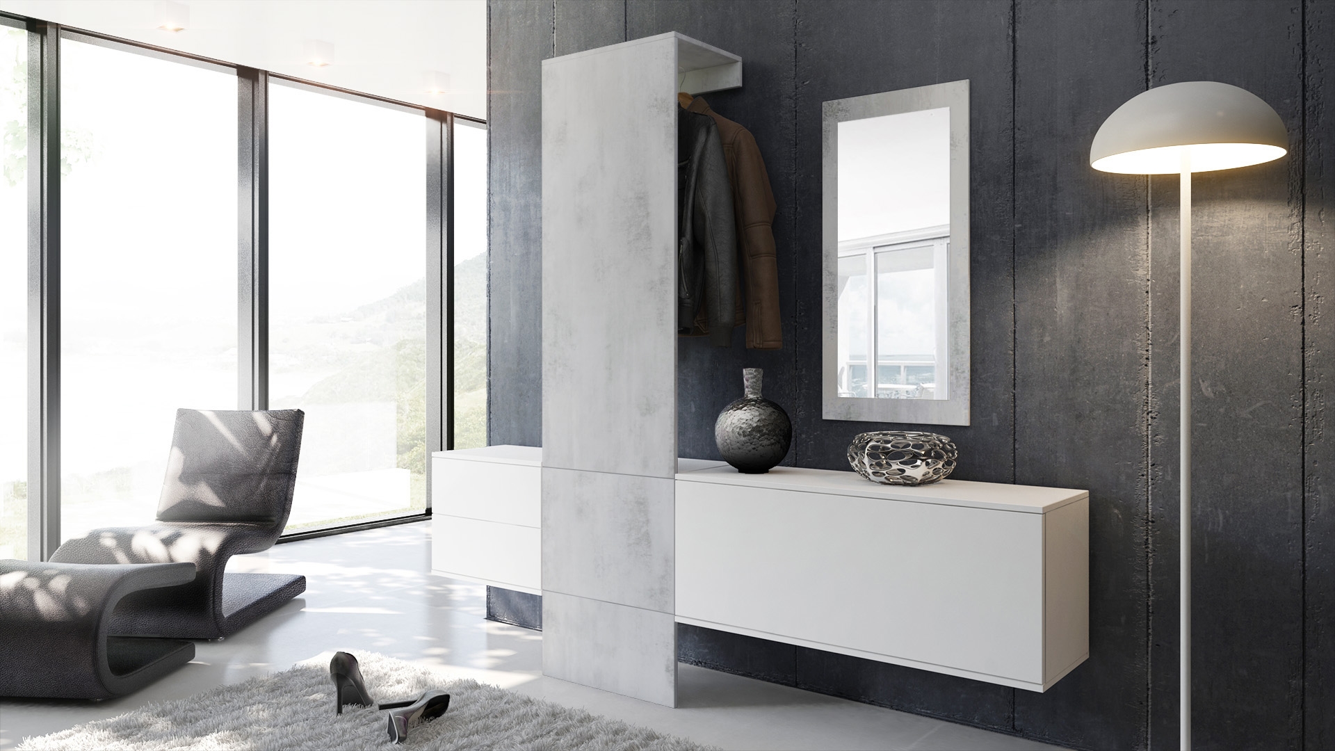 Garderobe Carlton Set 1 Beton 4-tlg. 1 Paneel, 1 Schubkastenschrank, 1 Schrankmodul und 1 Spiegel Weiß matt/Beton Oxid Optik (208 x 193 x 35 cm)