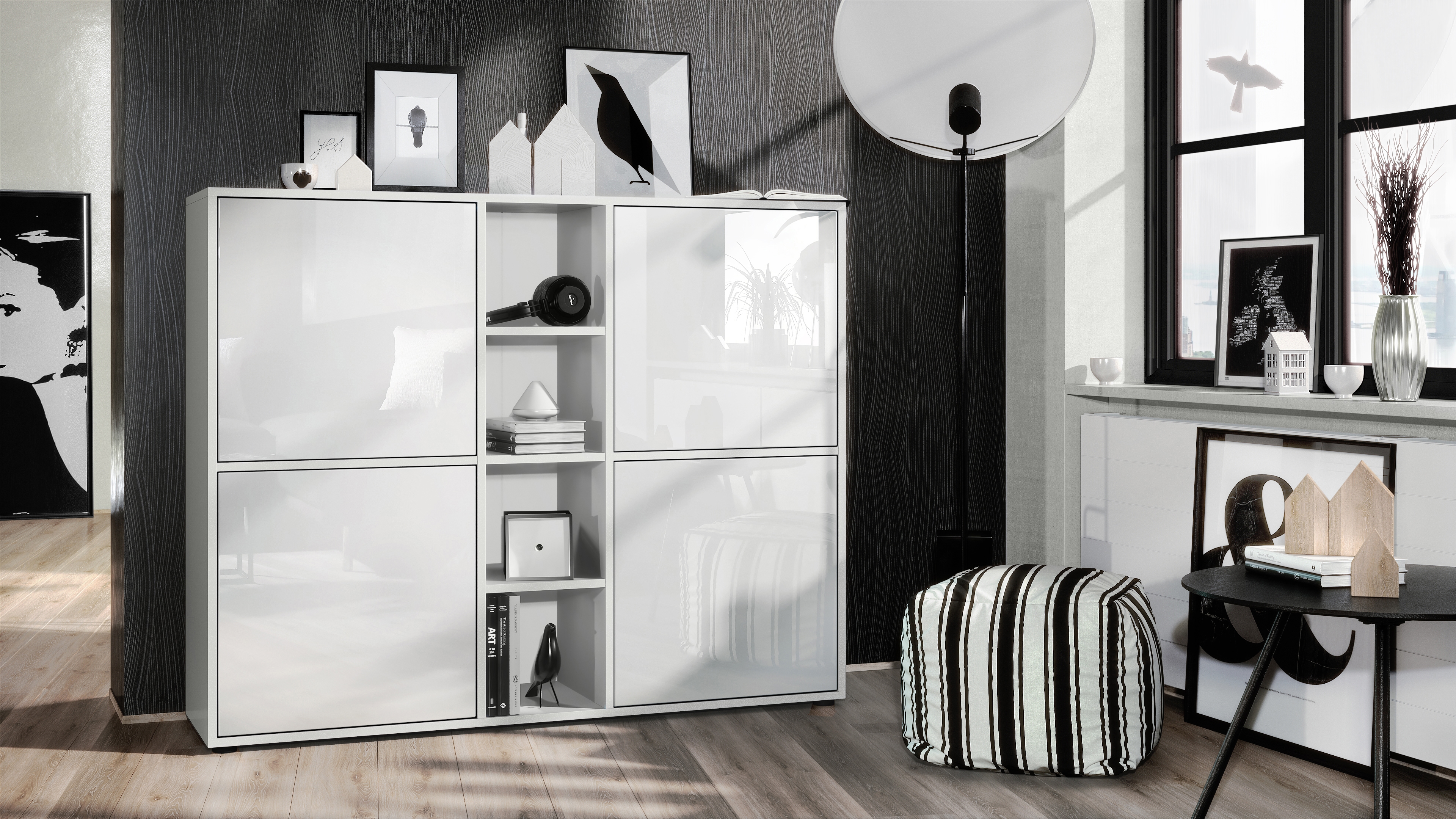 Highboard Cuba V3  Schrank Anrichte Cuba V3 mit 12 Fächern Korpus in Weiß matt / Fronten in Weiß Hochglanz (130,5x105,5x35,5 cm)