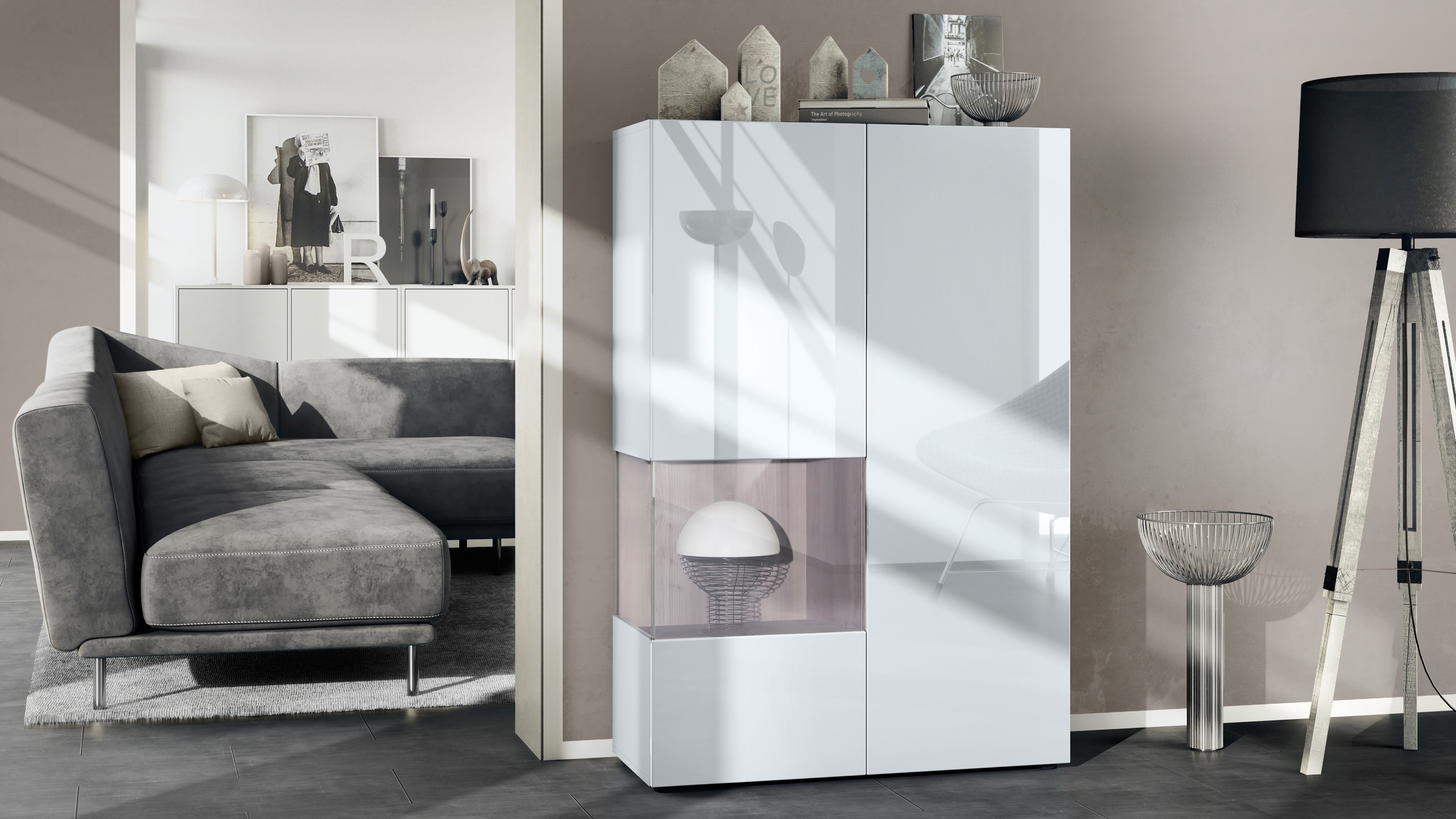 Vitrine Morena V2 mit 2 Türen und Glaseinsatz Weiß matt/Weiß Hochglanz/Eiche Nordic (91,5 x 136,5 x 37 cm)