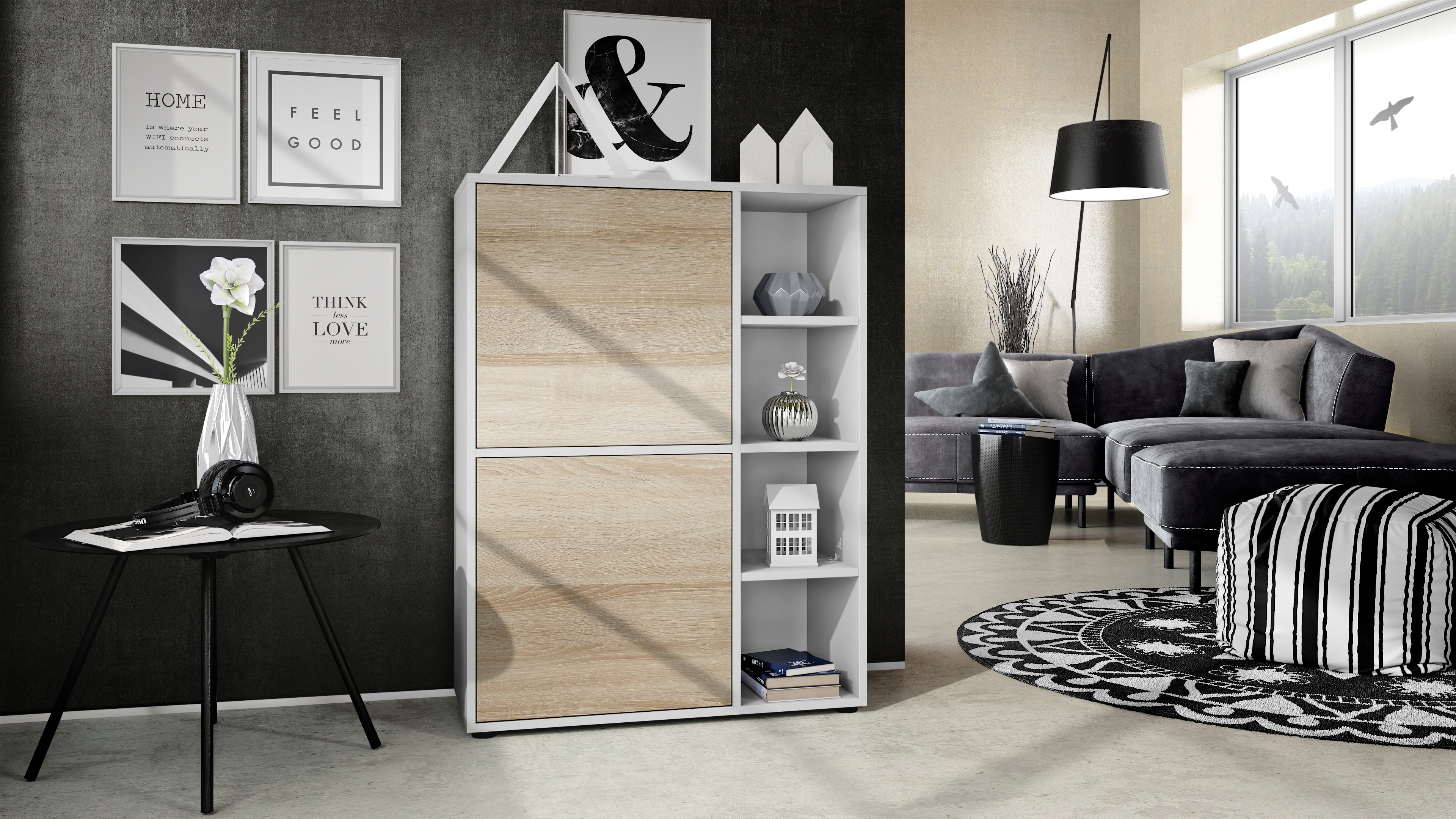 Wohnraum Set Miami bestehend aus 2 Highboards Weiß matt / Eiche sägerau