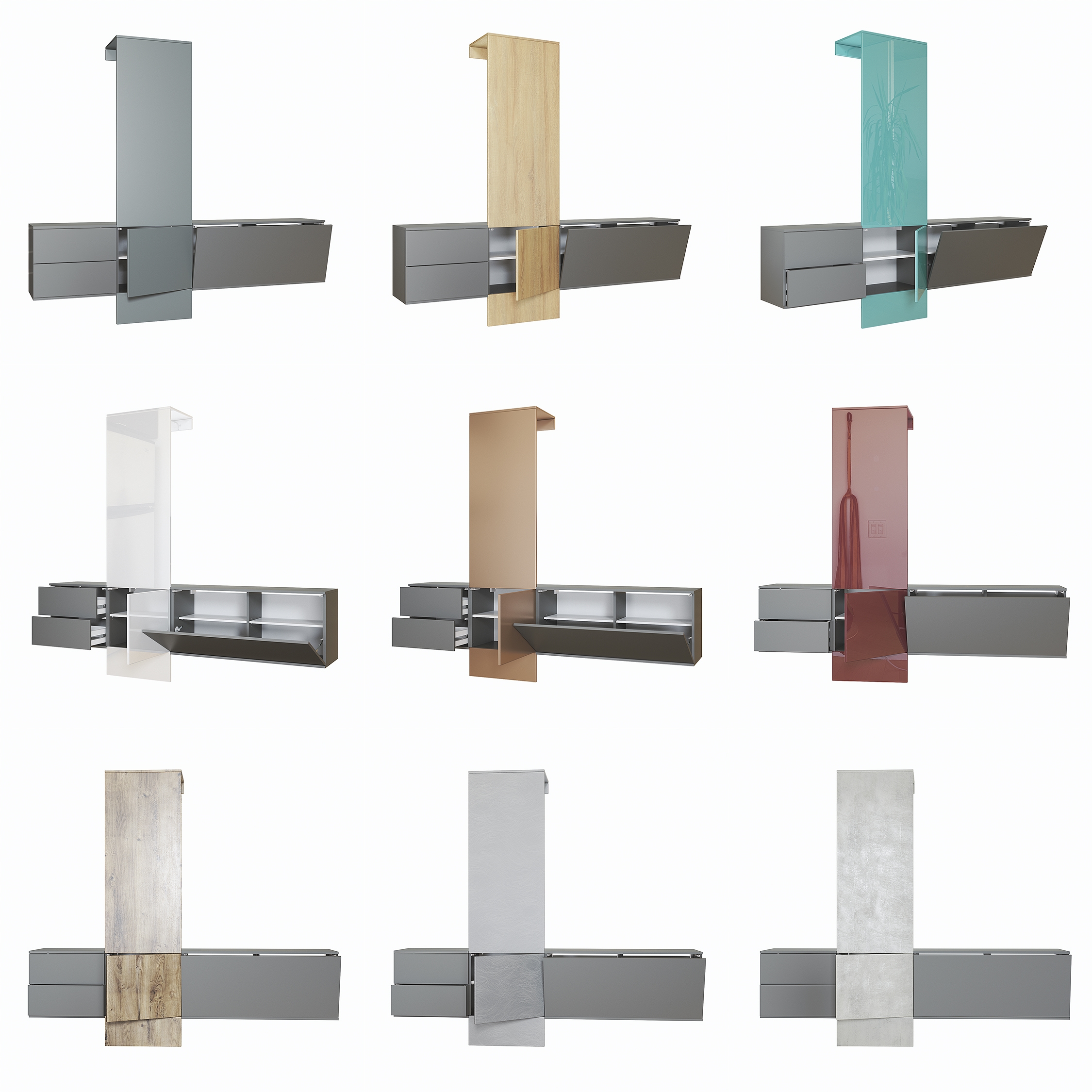 Garderobe Carlton Set 1 Anthrazit 4-tlg. 1 Paneel, 1 Schubkastenschrank und 1 Schrankmodul Anthrazit matt/Beton Oxid Optik (209 x 193 x 35 cm)