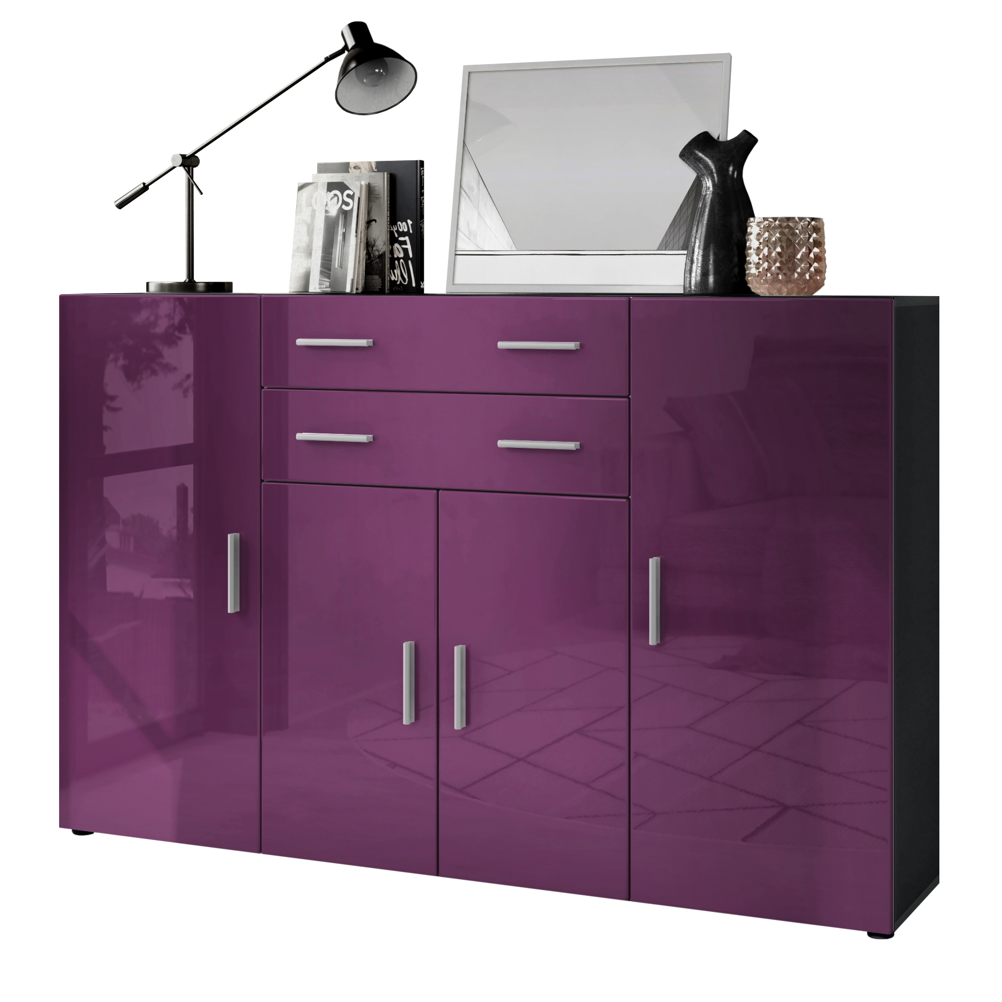 Highboard Aron  mit 4 Türen und 2 Schubladen Anthrazit matt/Brombeer Hochglanz (166,5 x 106,5 x 35 cm)
