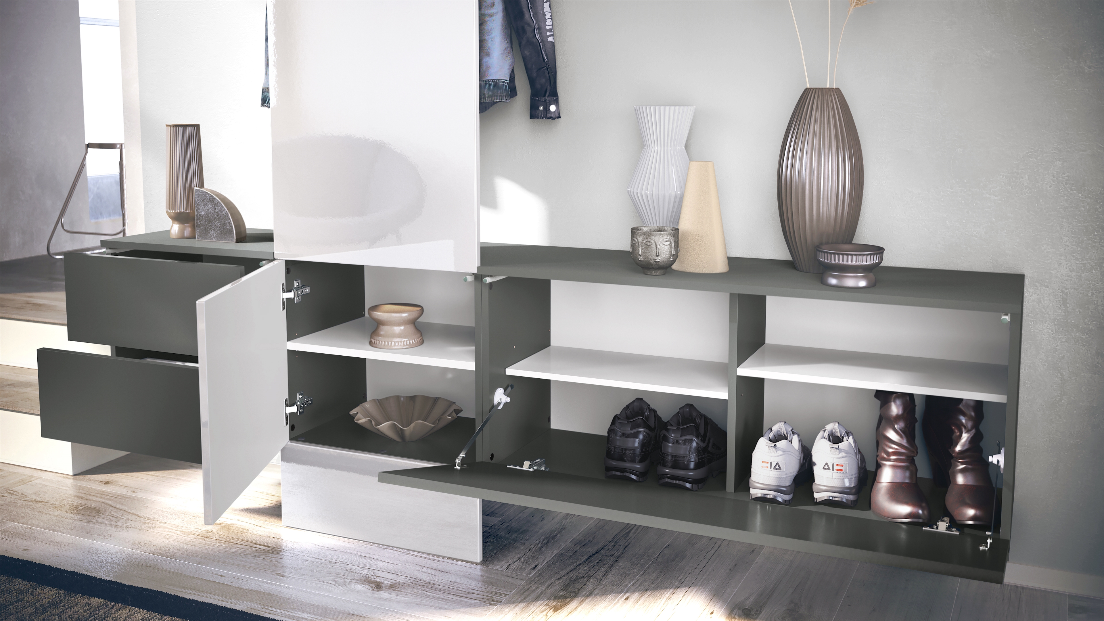 Garderobe Carlton Set 1 Anthrazit 4-tlg. 1 Paneel, 1 Schubkastenschrank und 1 Schrankmodul Anthrazit matt/Beton Oxid Optik (209 x 193 x 35 cm)