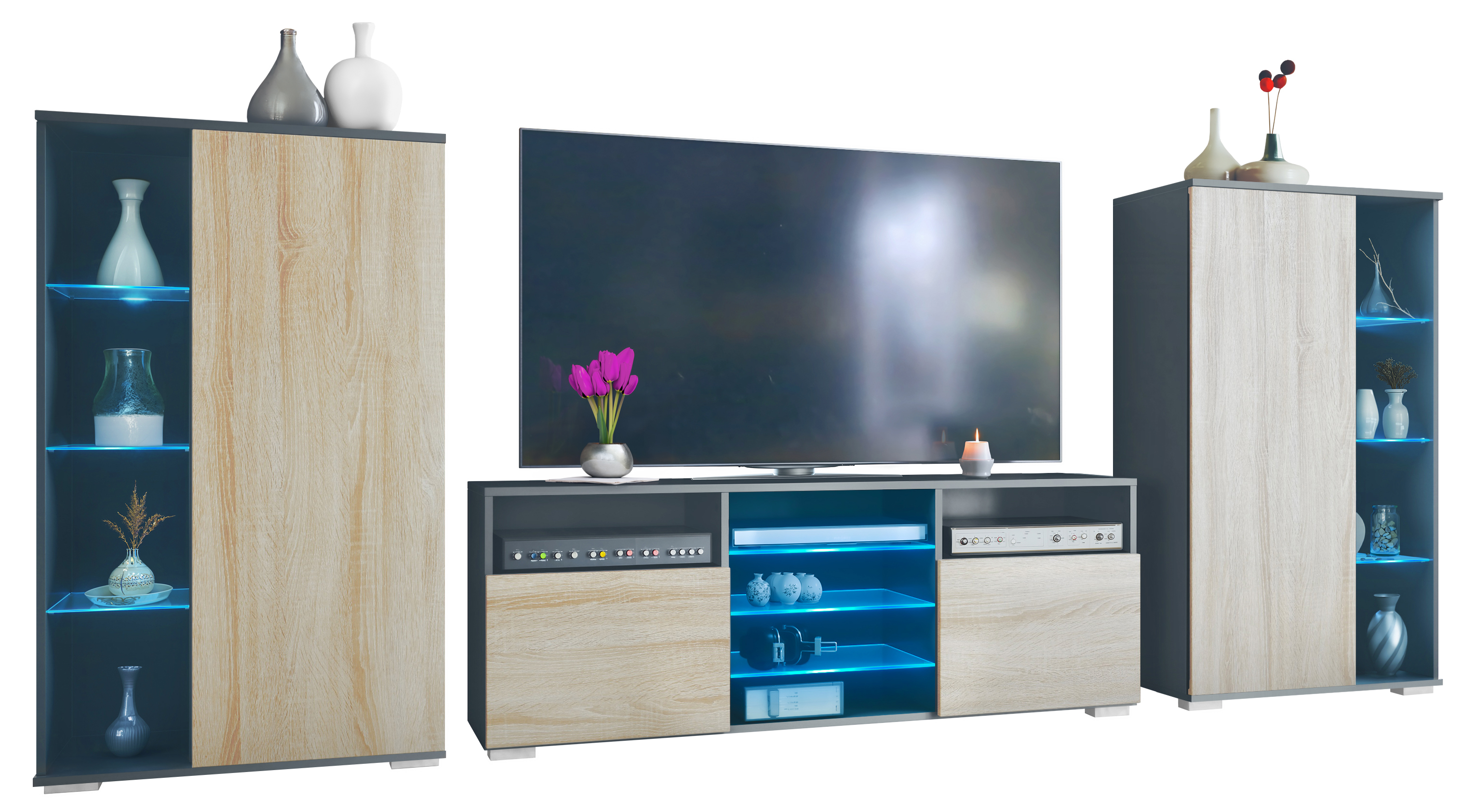 Wohnwand 3-tlg. Davos Anthrazit LED bestehend aus 2 Vitrinen, 1 TV-Board und LED-Beleuchtung Anthrazit matt/Eiche sägerau (329 x 134 x 35 cm)