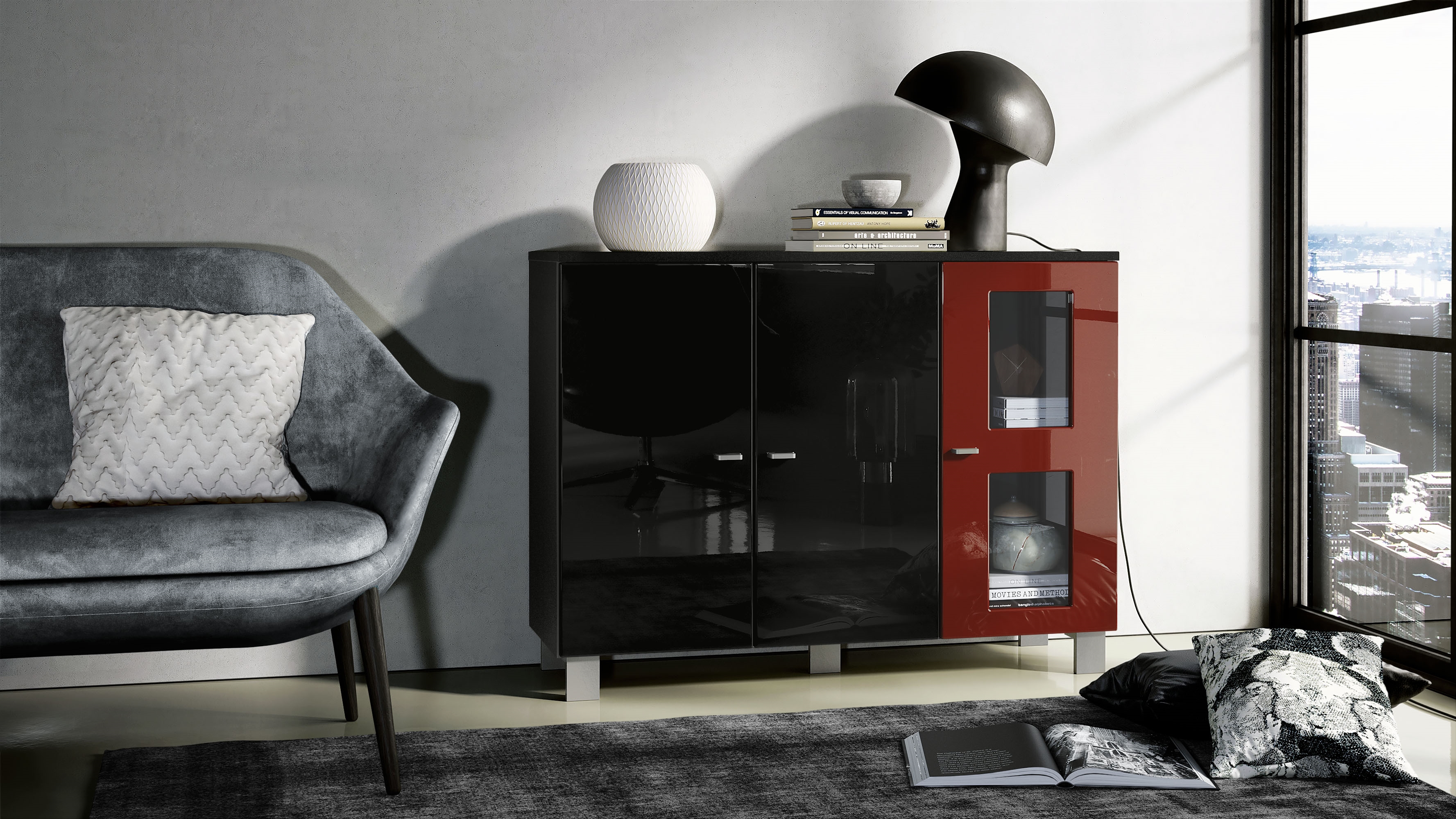 Sideboard Denjo  mit 3 Türen Schwarz matt/Schwarz Hochglanz/Bordeaux Hochglanz (107 x 81 x 35 cm)