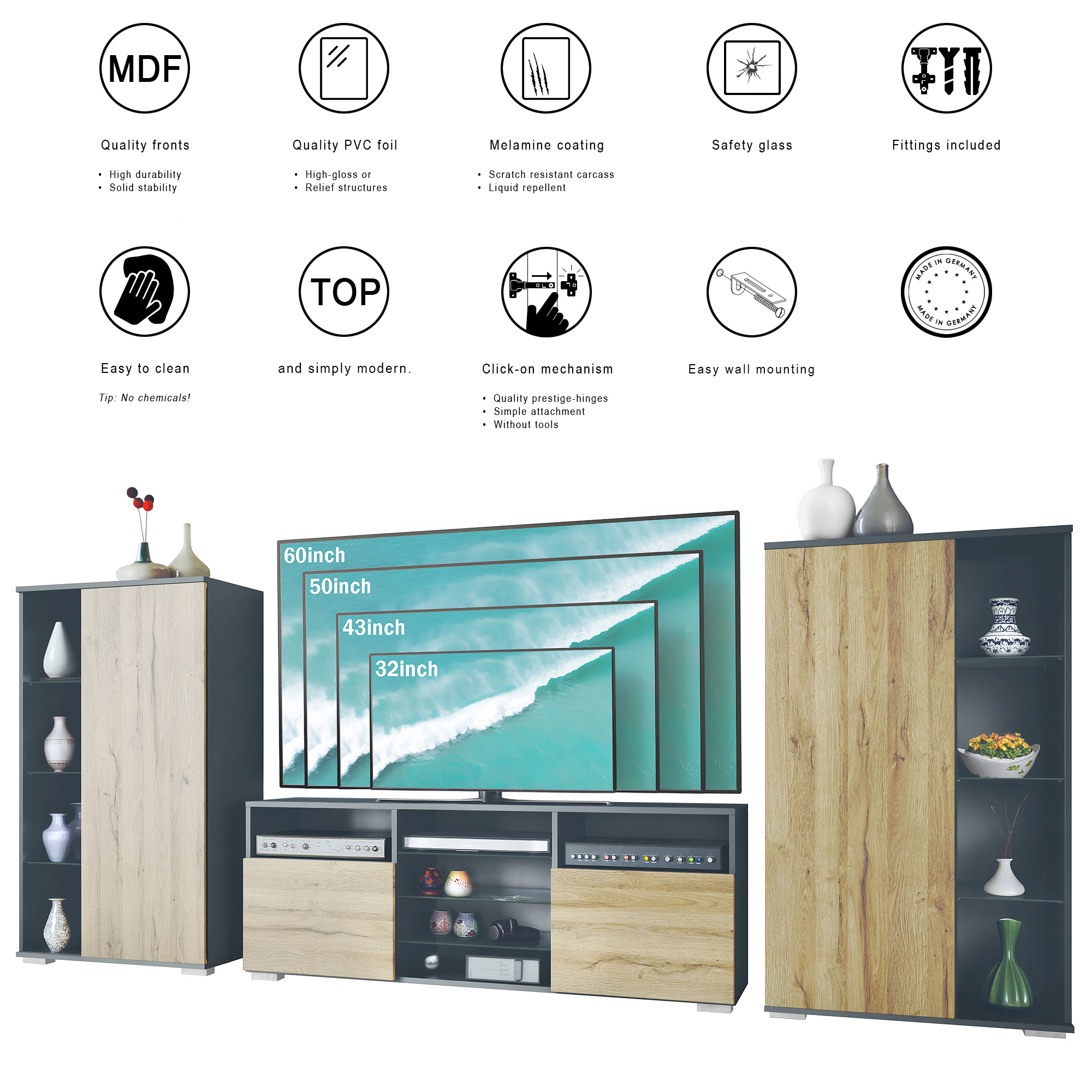 Wohnwand 3-tlg. Davos Anthrazit bestehend aus 2 Vitrinen und 1 TV-Board Anthrazit matt/Beton Oxid Optik (329 x 134 x 35 cm)