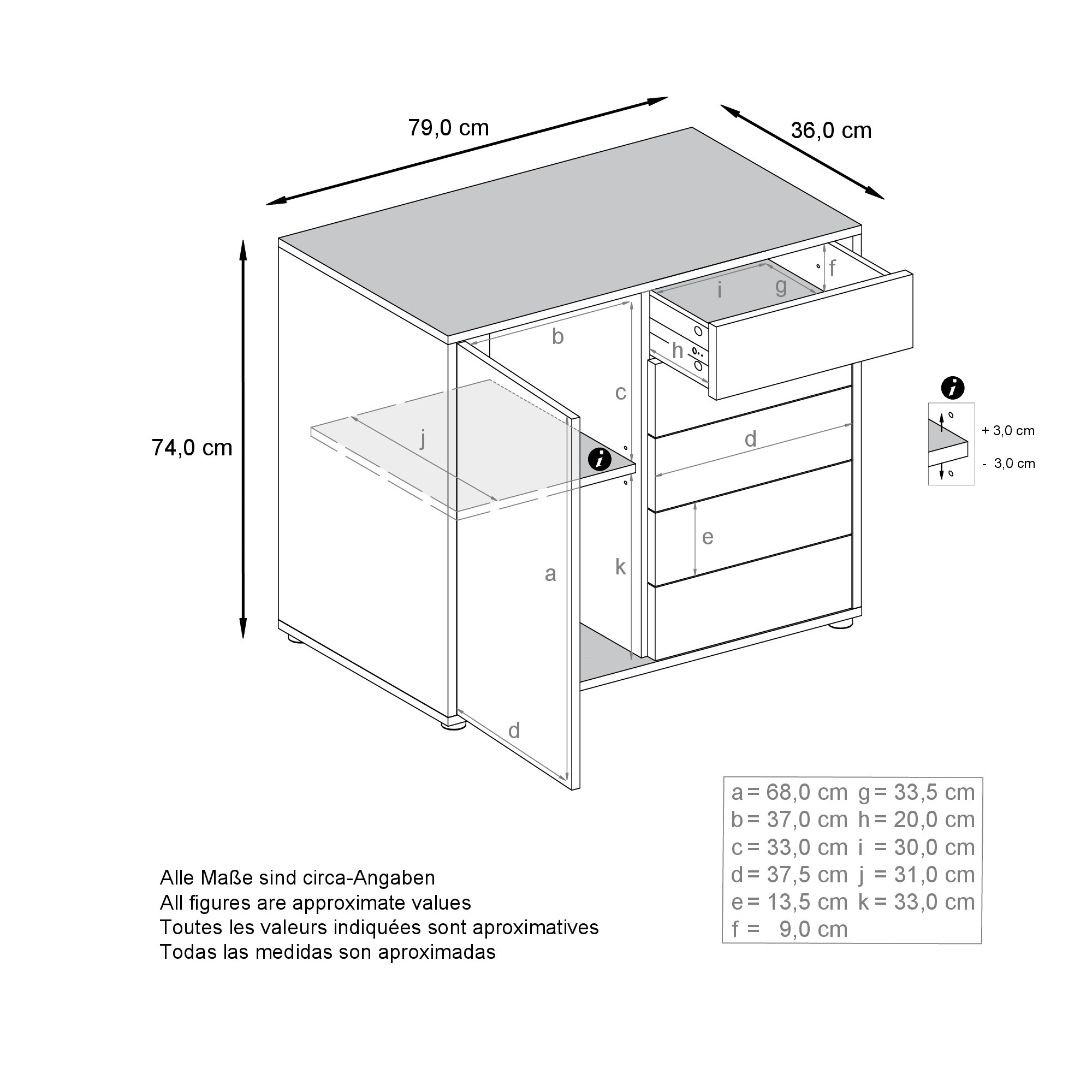 Kommode Ben V2  mit 1 Tür und 5 Schubladen Schwarz matt/Schwarz matt (79 x 74 x 36 cm)