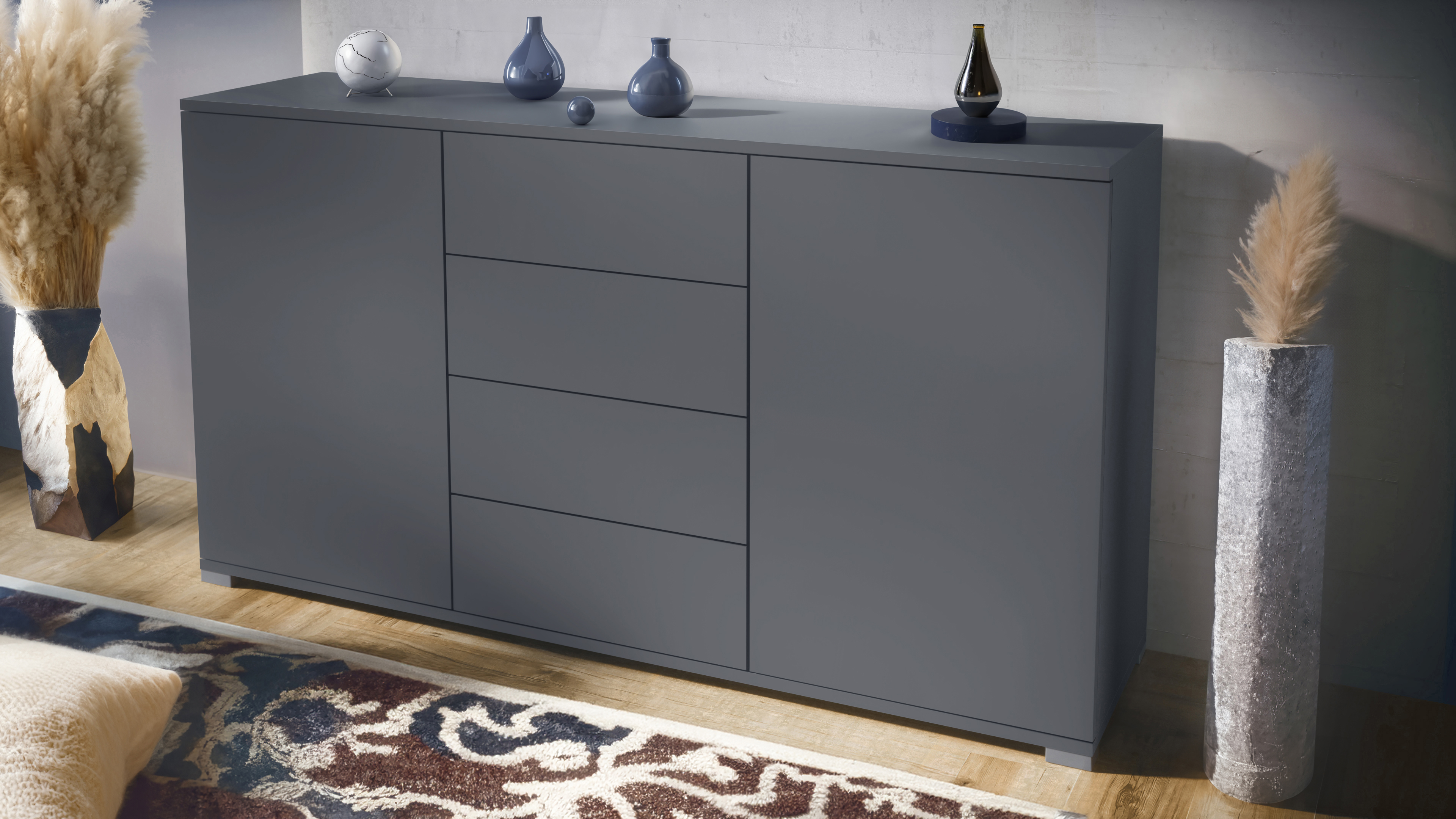 Santo V1 Sideboard Anthrazit mit 2 Türen und 4 Schubladen Anthrazit matt/Anthrazit matt (138,5 x 75,5 x 35 cm)