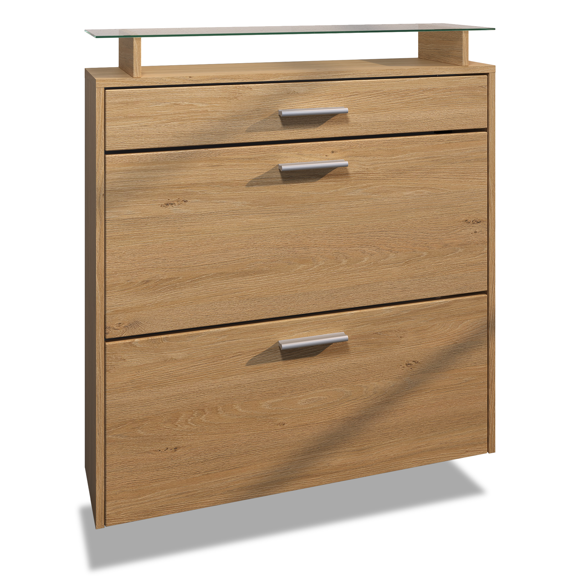 Schuhschrank Malea mit 1 Schublade und Glasablage Schuhregal in Eiche Skandi / Eiche Skandi (89 x 95,5 x 23 cm)