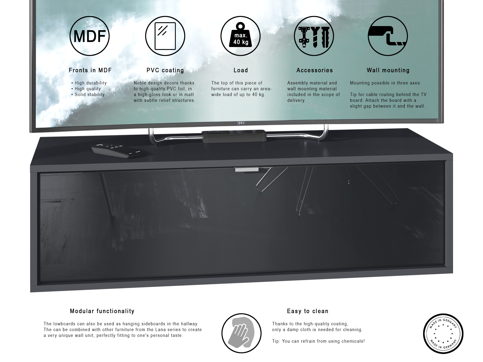 Lowboard Lana 1000 mit Klappe Schwarz matt/Graphit seidenmatt (100 x 29 x 37 cm)