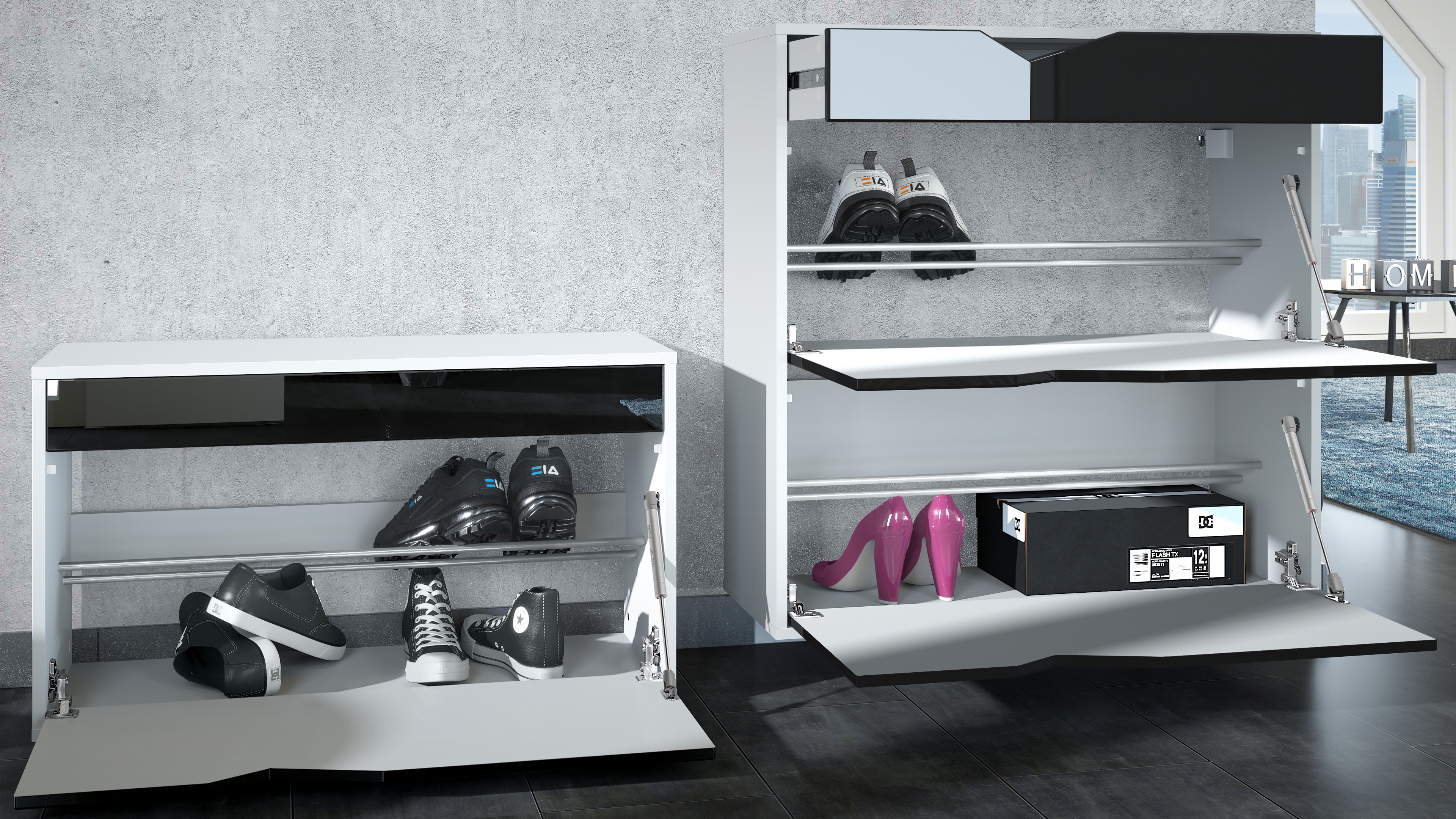 Garderobenset Kolmio 1 Schuhbank, 1 Spiegel und 1 Wandgarderobe Weiß matt/Beton Oxid Optik (190 x 185 x 33 cm)
