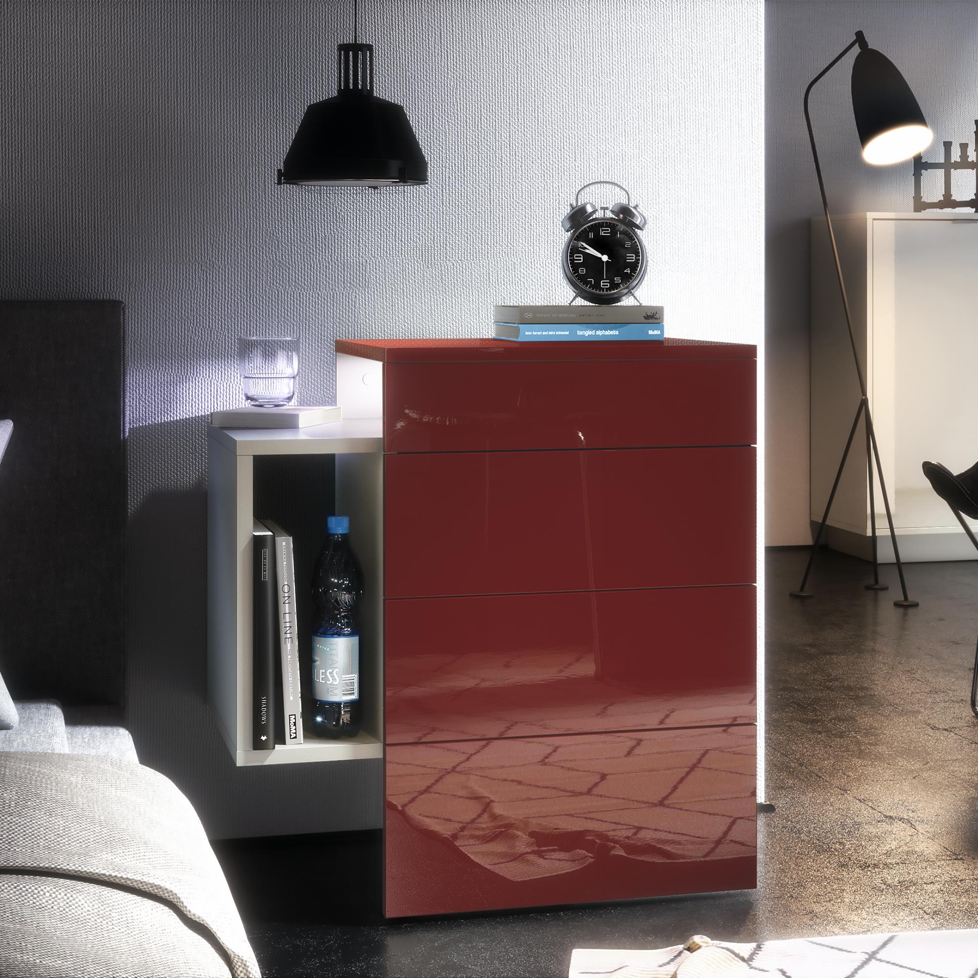 Nachttisch Queens und 1 seitlichem Fach zur Wandmontage Weiß matt/Bordeaux Hochglanz inkl. LED-Unterbaustrahler (60x63x36 cm)