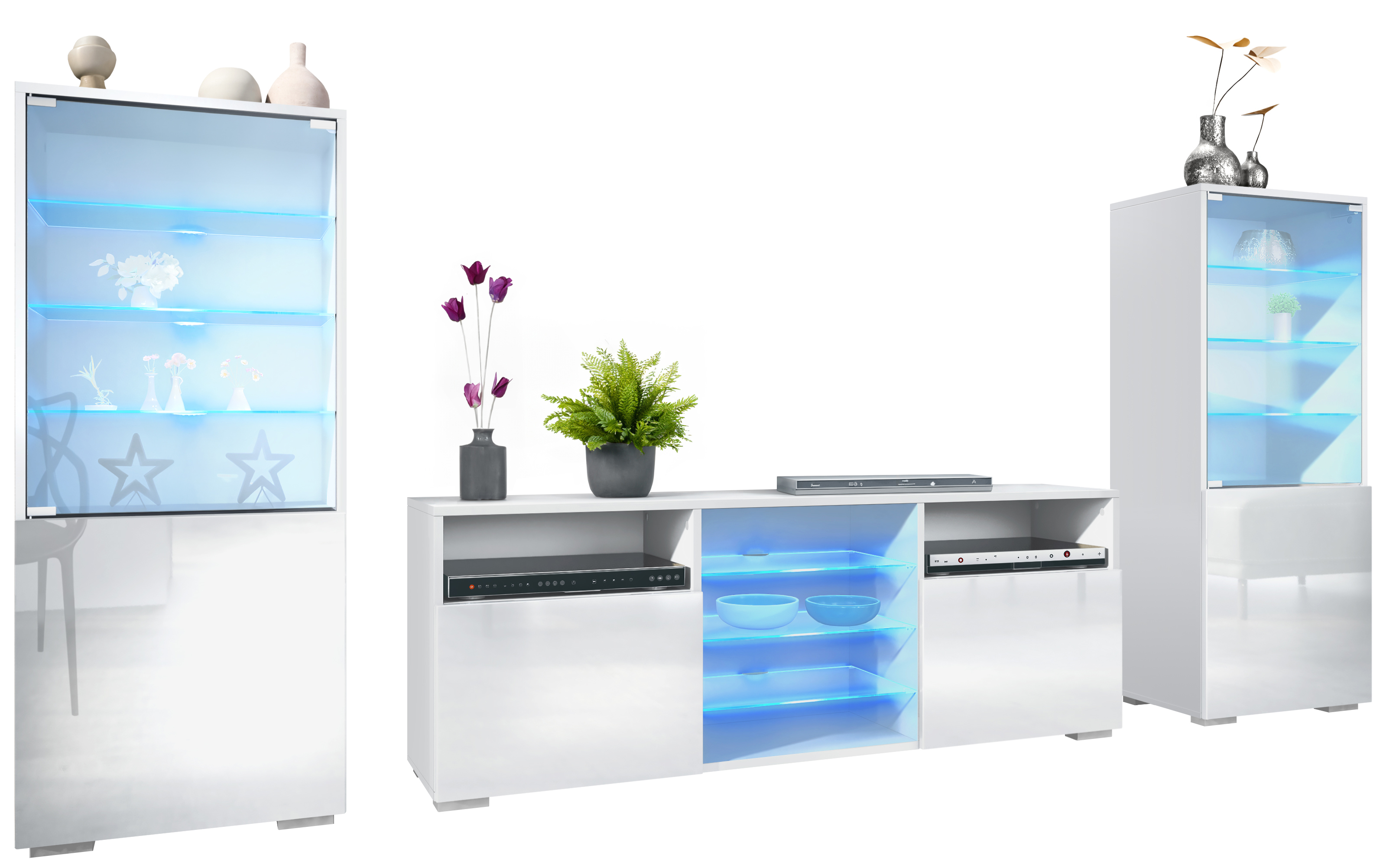 Wohnwand 3-tlg. Granada Weiß LED bestehend aus 2 Vitrinen, 1 TV-Board und LED-Beleuchtung False/Weiß Hochglanz (286 x 122,5 x 35 cm)