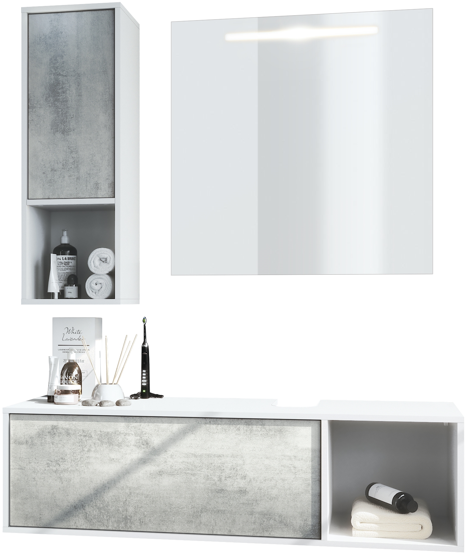 Badmöbel-Set La Costa 1 Unterschrank und 1 LED-Spiegel Korpus Weiß matt/Fronten Beton Oxid Optik (‎126,5 x 195 x 46 cm)