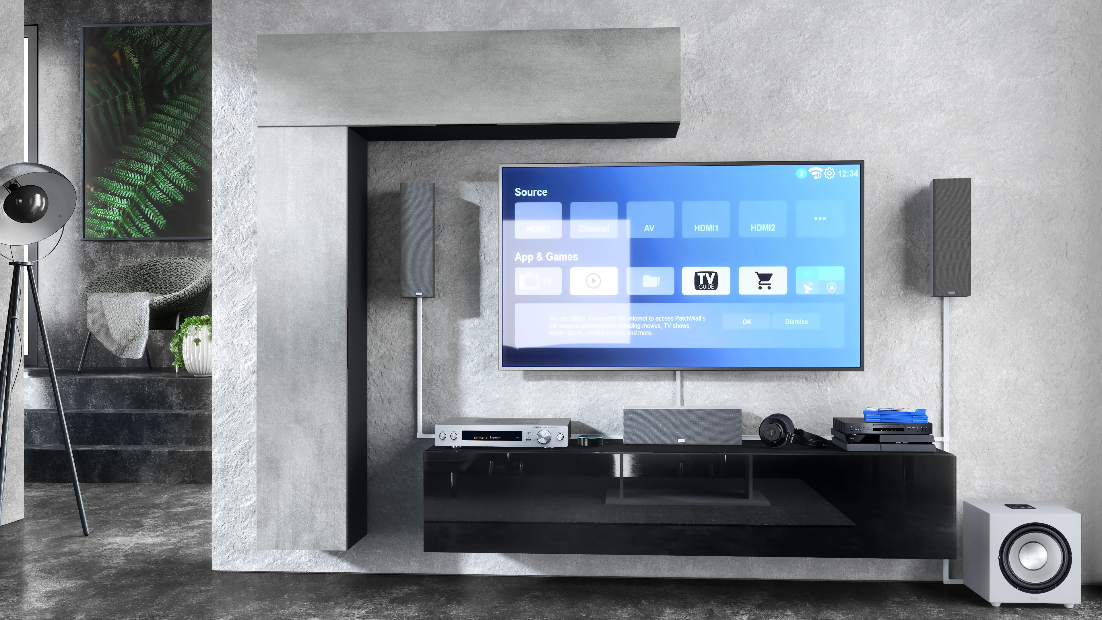 Wohnwand Taurito  mit Rückwand mit 2 Klappen und 1 Schrank Schwarz matt/Beton Oxid Optik (320 x 182 x 39 cm)