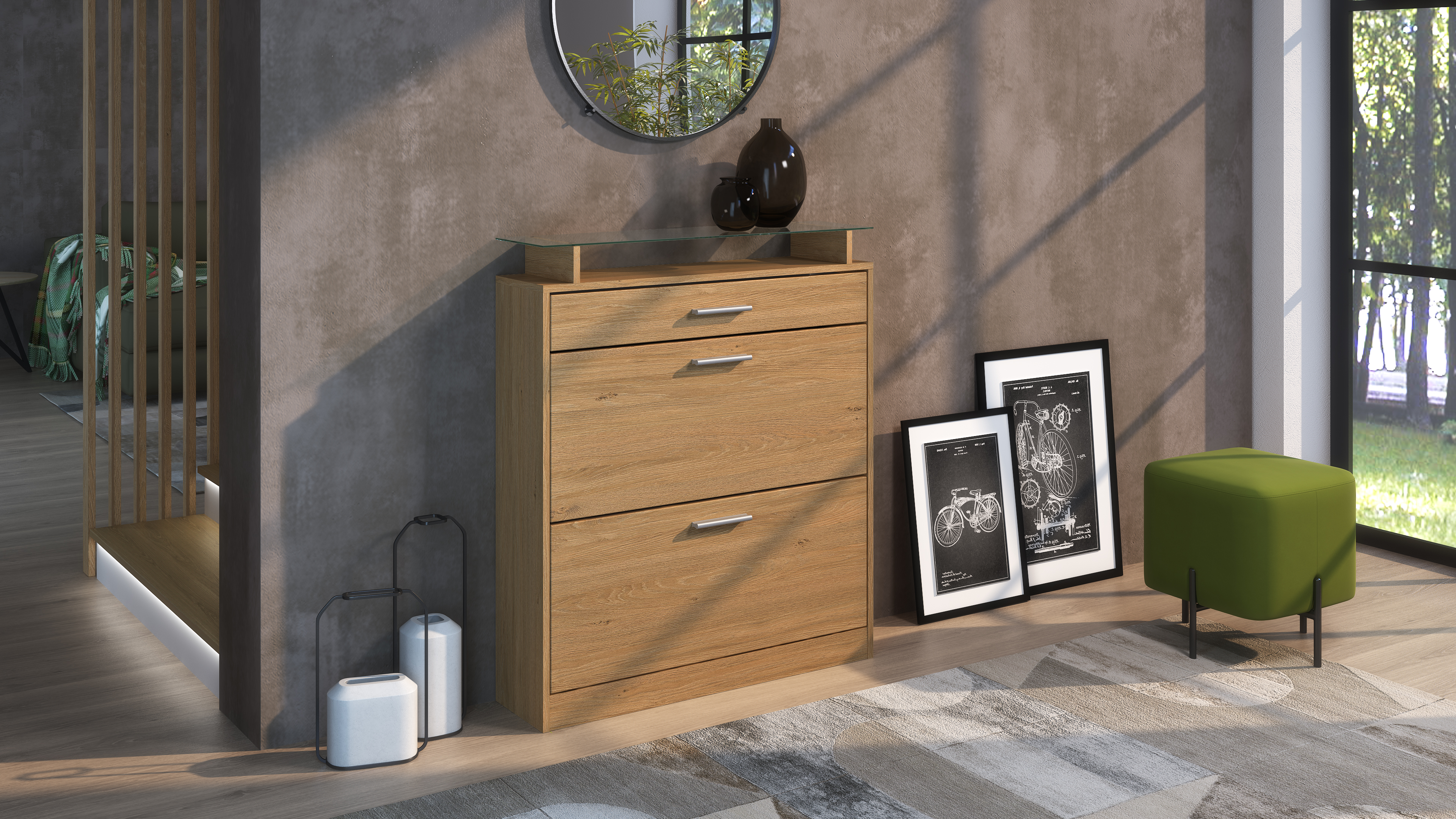 Schuhschrank Loret mit 1 Schublade und Glasablage Schuhregal in Eiche Skandi / Eiche Skandi (89 x 104 x 23 cm)