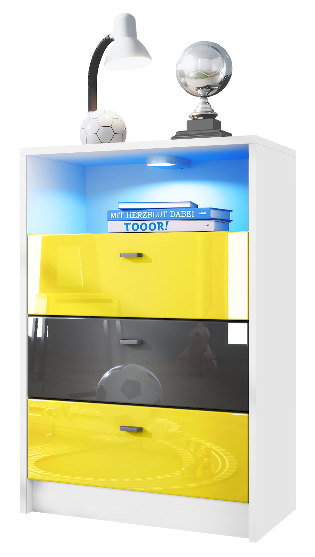 Pino V2 Kommode Fußball mit 3 Schubladen inkl. RGB LED Beleuchtung Fußball Liga Dresden - Gelb, Schwarz & Gelb glänzend (56x86,5x36 cm)