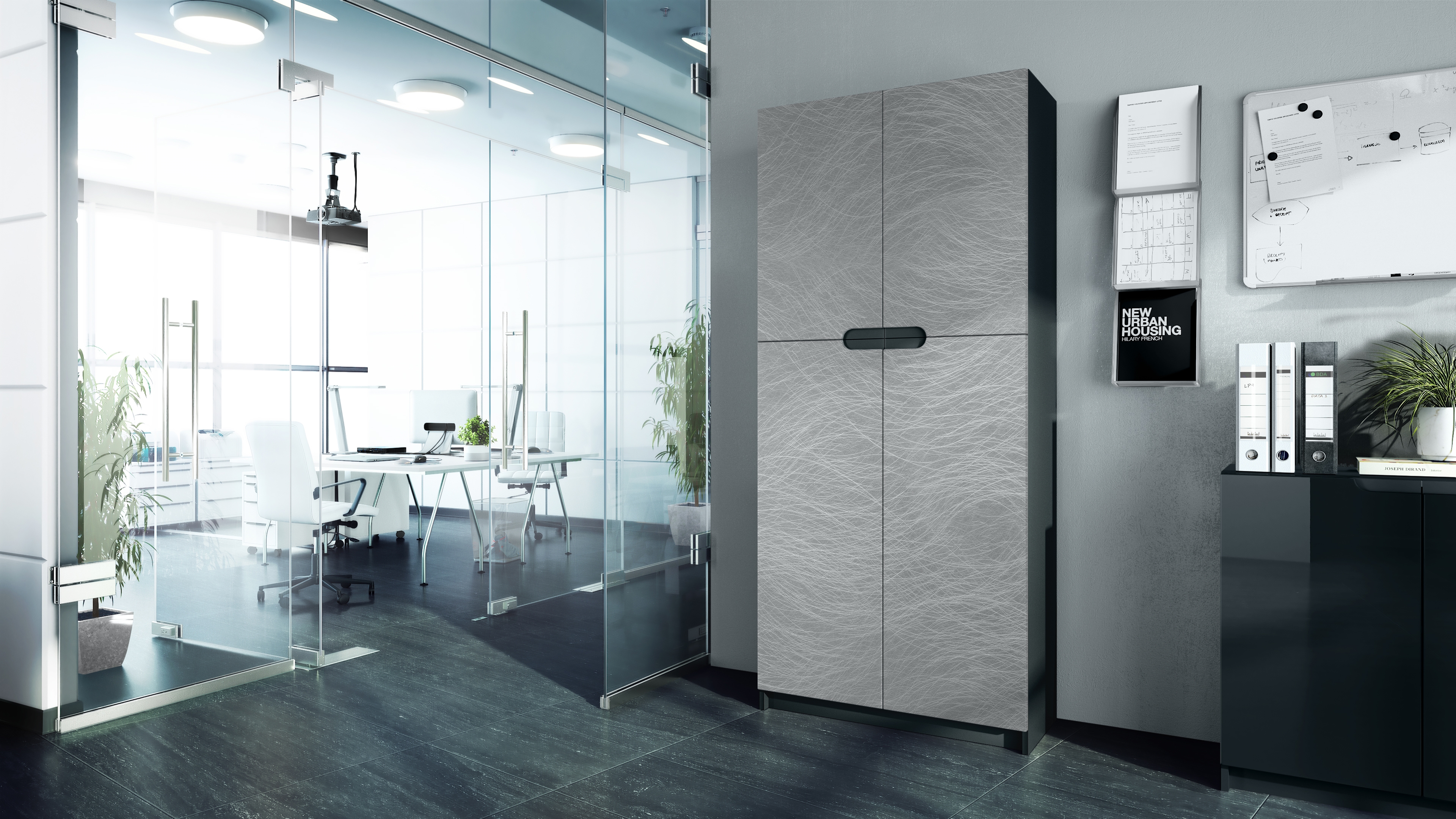 Büroschrank Logan V1 mit 5 Fächern und 4 Türen Schwarz matt/Scratchy Metal (82 x 185 x 37 cm)