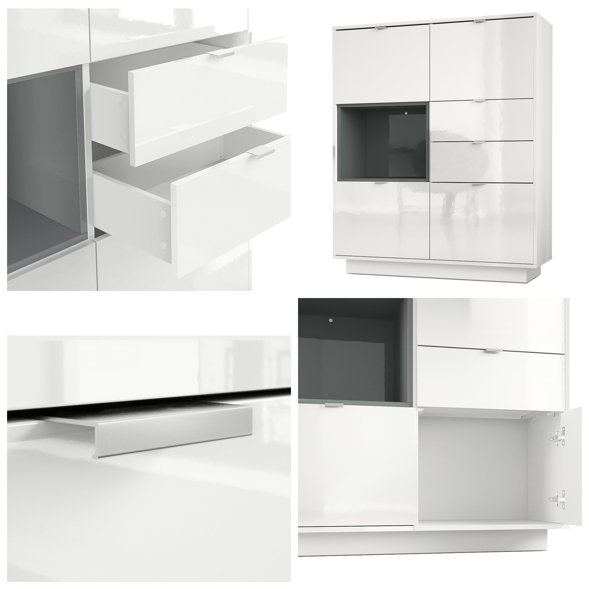 Highboard Metro  mit 4 Türen, 2 Schubladen und 1 offenem Fach Weiß Hochglanz/Beton Oxid Optik inkl. LED Beleuchtung (103x123x38 cm)