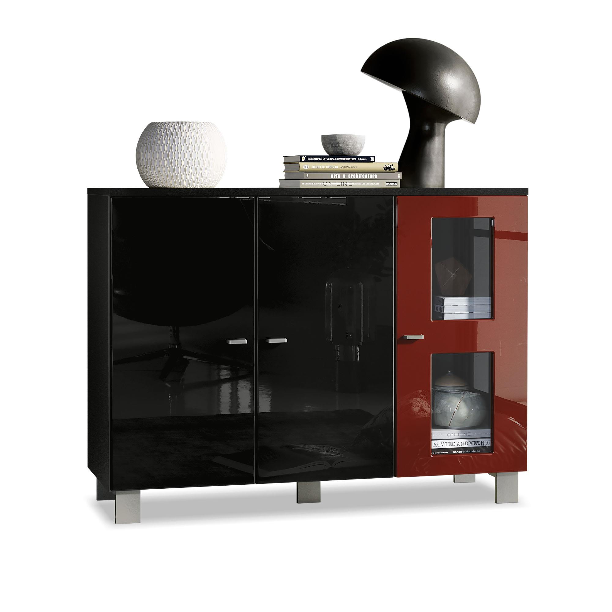 Sideboard Denjo  mit 3 Türen Schwarz matt/Schwarz Hochglanz/Bordeaux Hochglanz (107 x 81 x 35 cm)