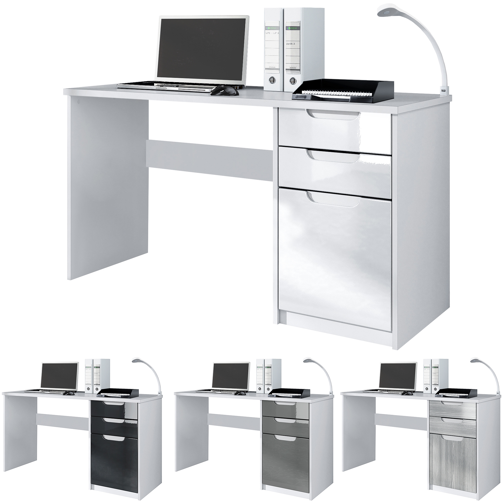 Schreibtisch Logan mit 2 Schubladen und 1 Tür Weiß matt/Beton dunkel Optik (129 x 76 x 60 cm)