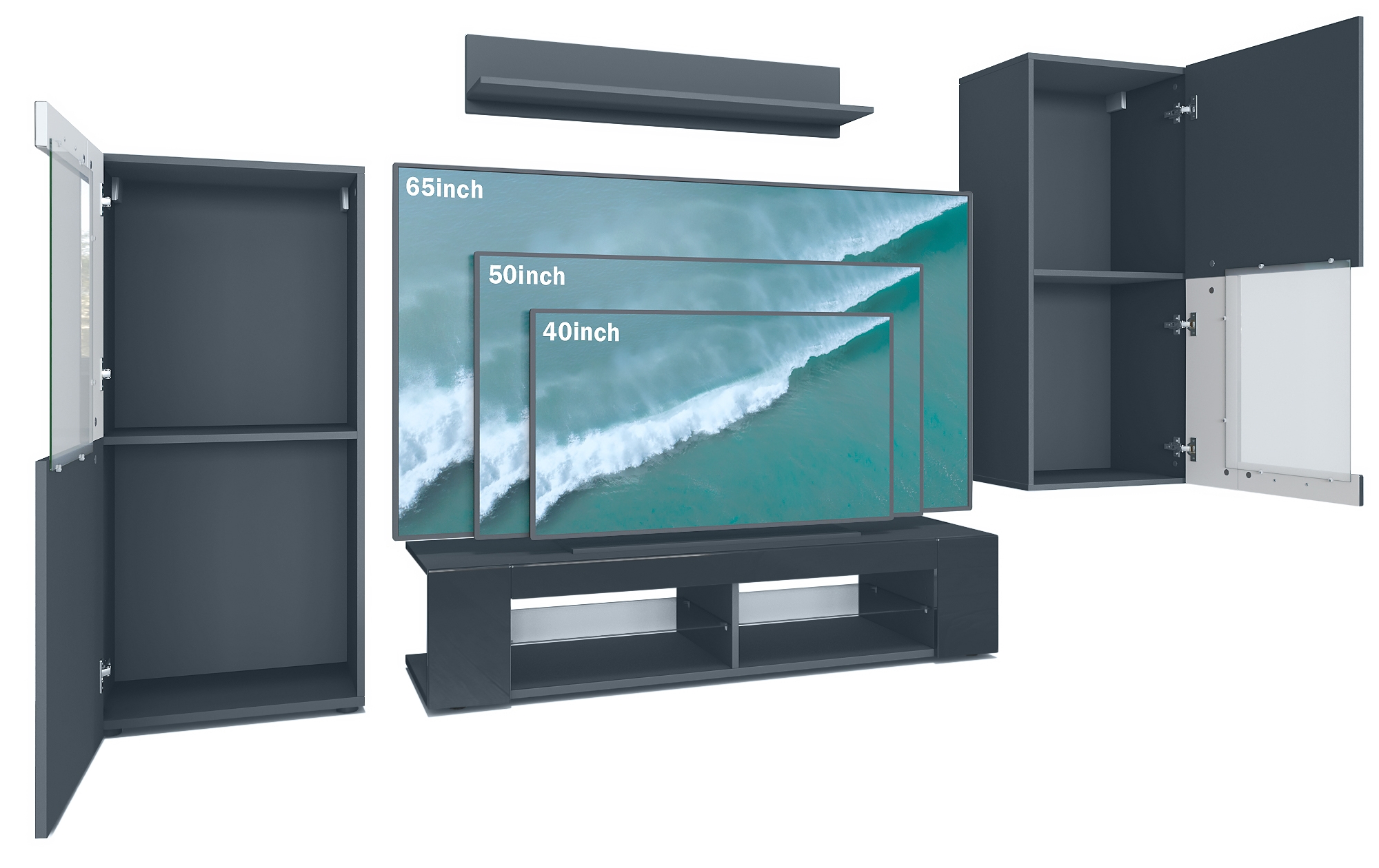 Wohnwand Movie 4-tlg. Schwarz mit LED  bestehend aus 1 TV-Board, 2 Vitrinen und 1 Regal Schwarz matt/Brombeer glänzend mit Beleuchtung in Weiß (300x190x39 cm)