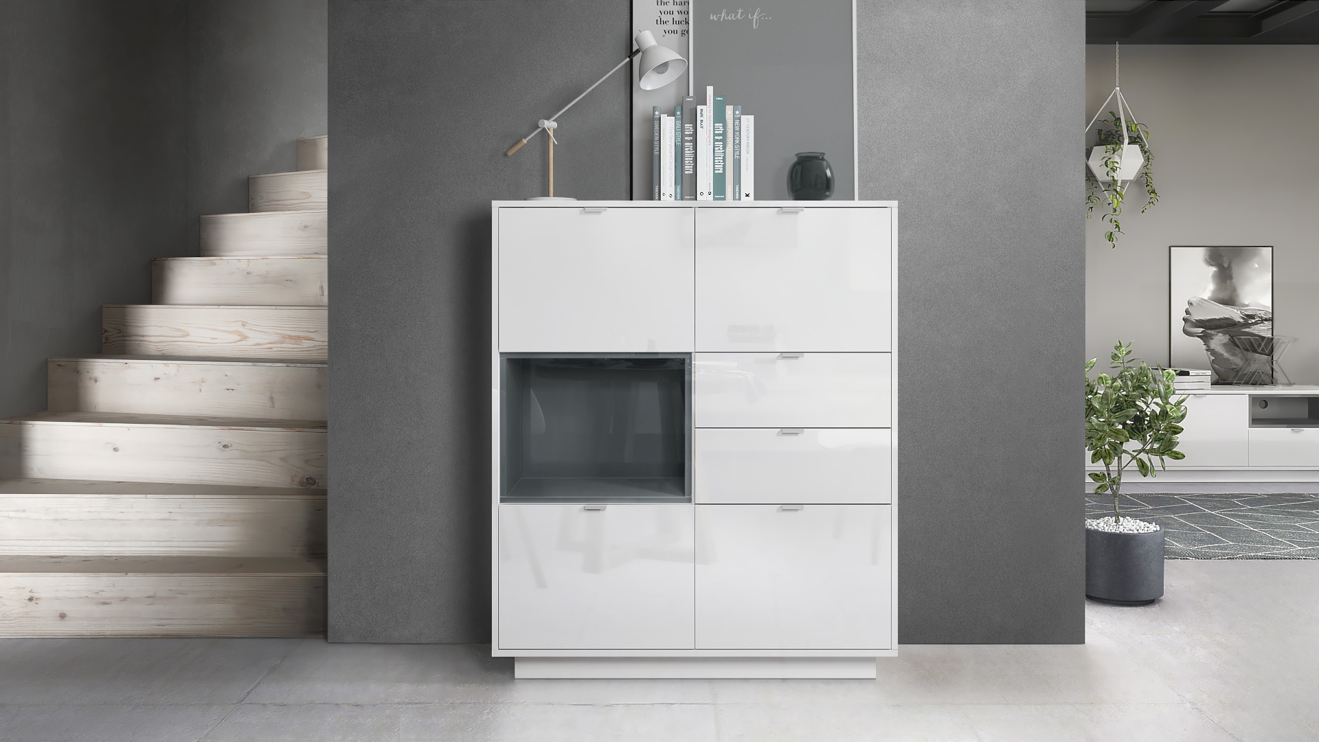Highboard Metro  mit 4 Türen, 2 Schubladen und 1 offenem Fach Weiß Hochglanz/Grau Hochglanz inkl. LED Beleuchtung (103x123x38 cm)