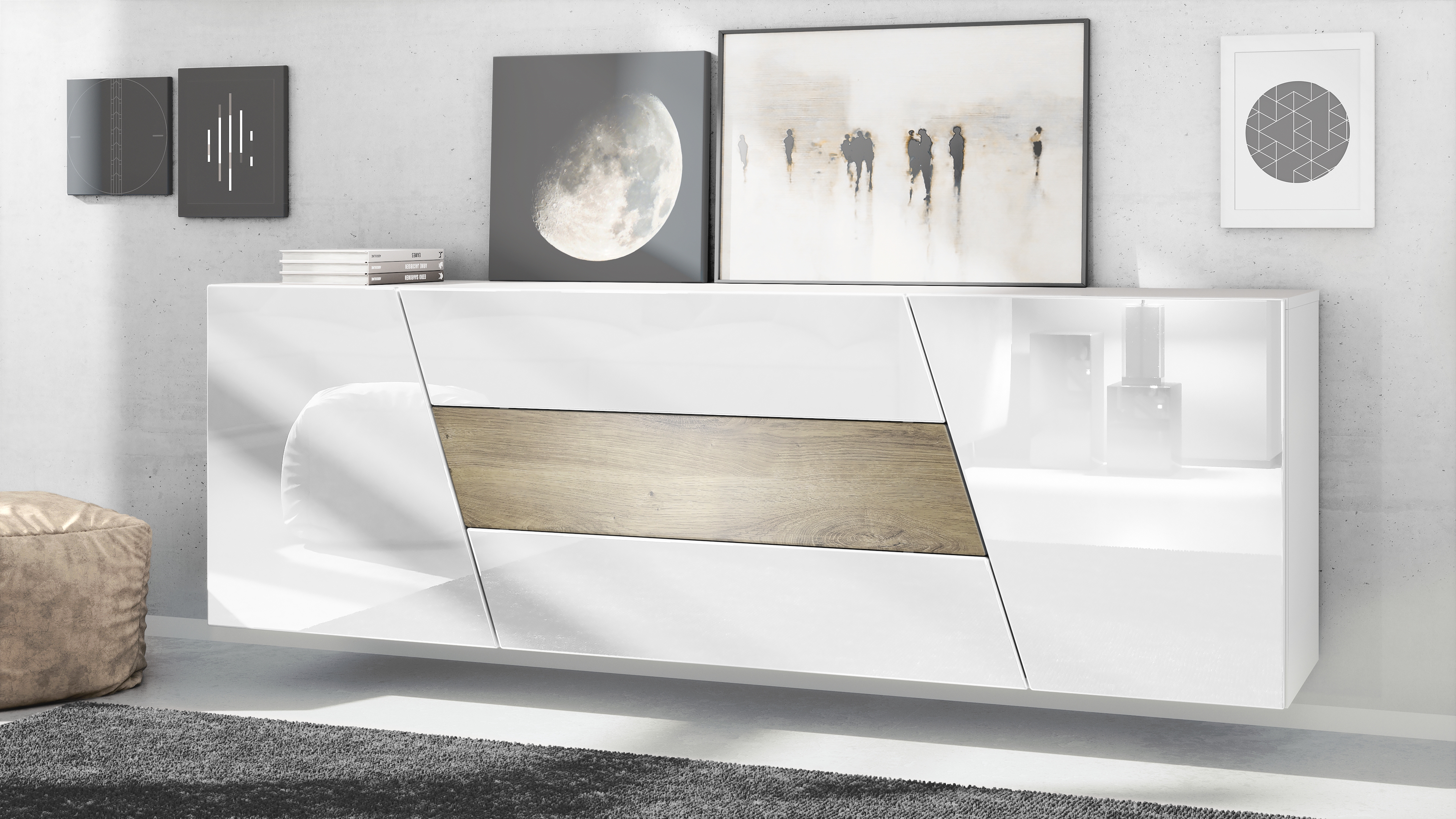 Houston Sideboard hängend mit 2 Türen und 3 Schubladen Weiß matt/Weiß Hochglanz/Eiche Ribbeck (178 x 57,5 x 38,5 cm)