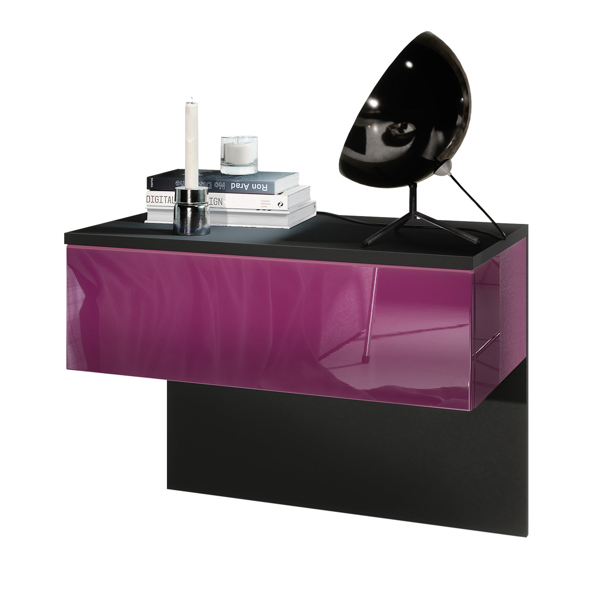 Nachttisch Sleep  mit Schublade zur Wandmontage Schwarz matt/Brombeer Hochglanz (60 x 46 x 35 cm)